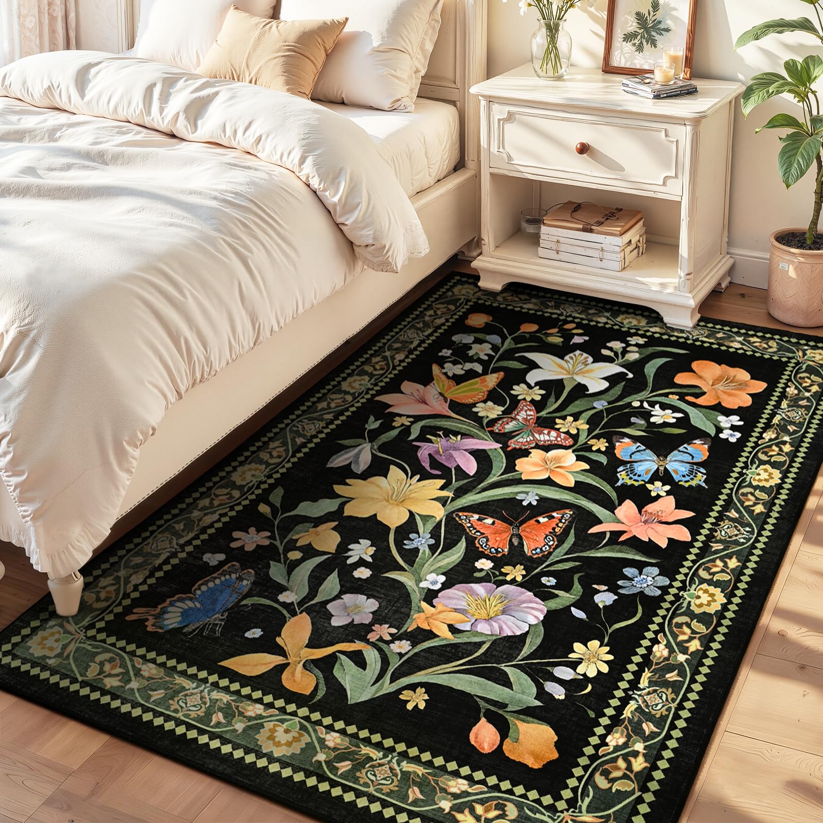 2x6 Washable Runners for Hallways Non Slip, Black Floral Kitchen Runner Rug with Rubber Backing, Vintage Carpet Runner for Entryway, Kitchen, Laundry, Bedroom, Bathroom