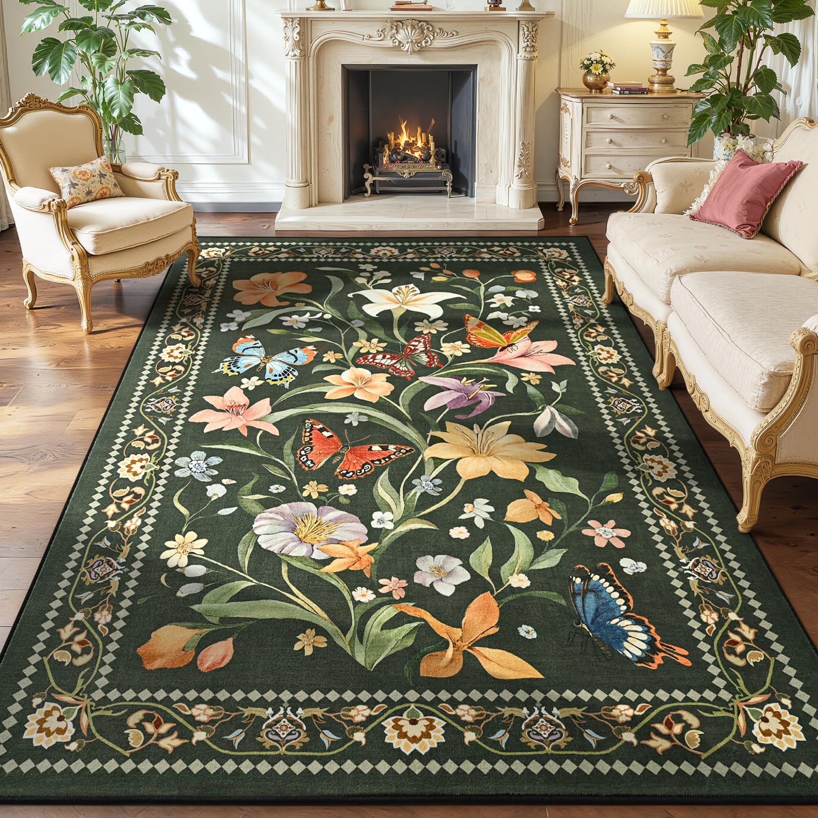 2x6 Washable Runners for Hallways Non Slip, Black Floral Kitchen Runner Rug with Rubber Backing, Vintage Carpet Runner for Entryway, Kitchen, Laundry, Bedroom, Bathroom