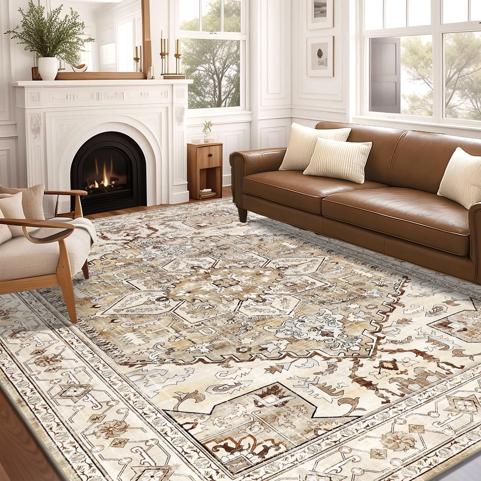 Yamaziot Washable Runner Rug, 2x8 Non-Slip Boho Vintage Hallway Rug Runner with Rubber Backing, Stain Resistant & Low Pile Faux Wool Distressed Carpet Runner for Bedroom, Kitchen, Laundry, Entrance