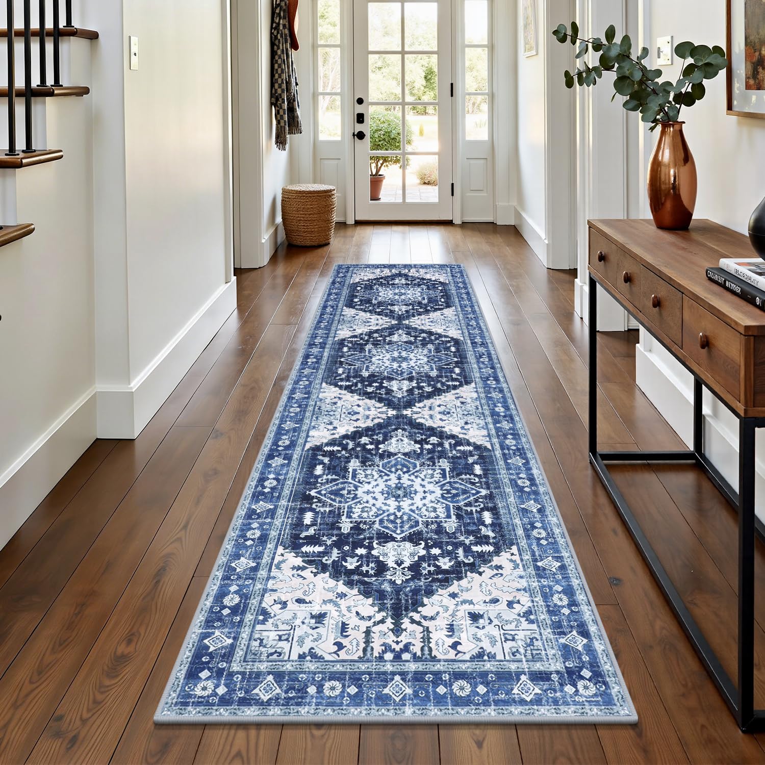 Yamaziot Washable Runner Rug, 2x8 Non-Slip Boho Vintage Hallway Rug Runner with Rubber Backing, Stain Resistant & Low Pile Faux Wool Distressed Carpet Runner for Bedroom, Kitchen, Laundry, Entrance