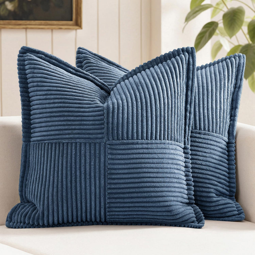 MIULEE Decorative Throw Pillow Covers for Couch Bed Livingroom 20x20 Inch Set of 2 Beige Boho Accent Throw Pllows Broadside Striped Patchwork Soft Corduroy Pillowcases