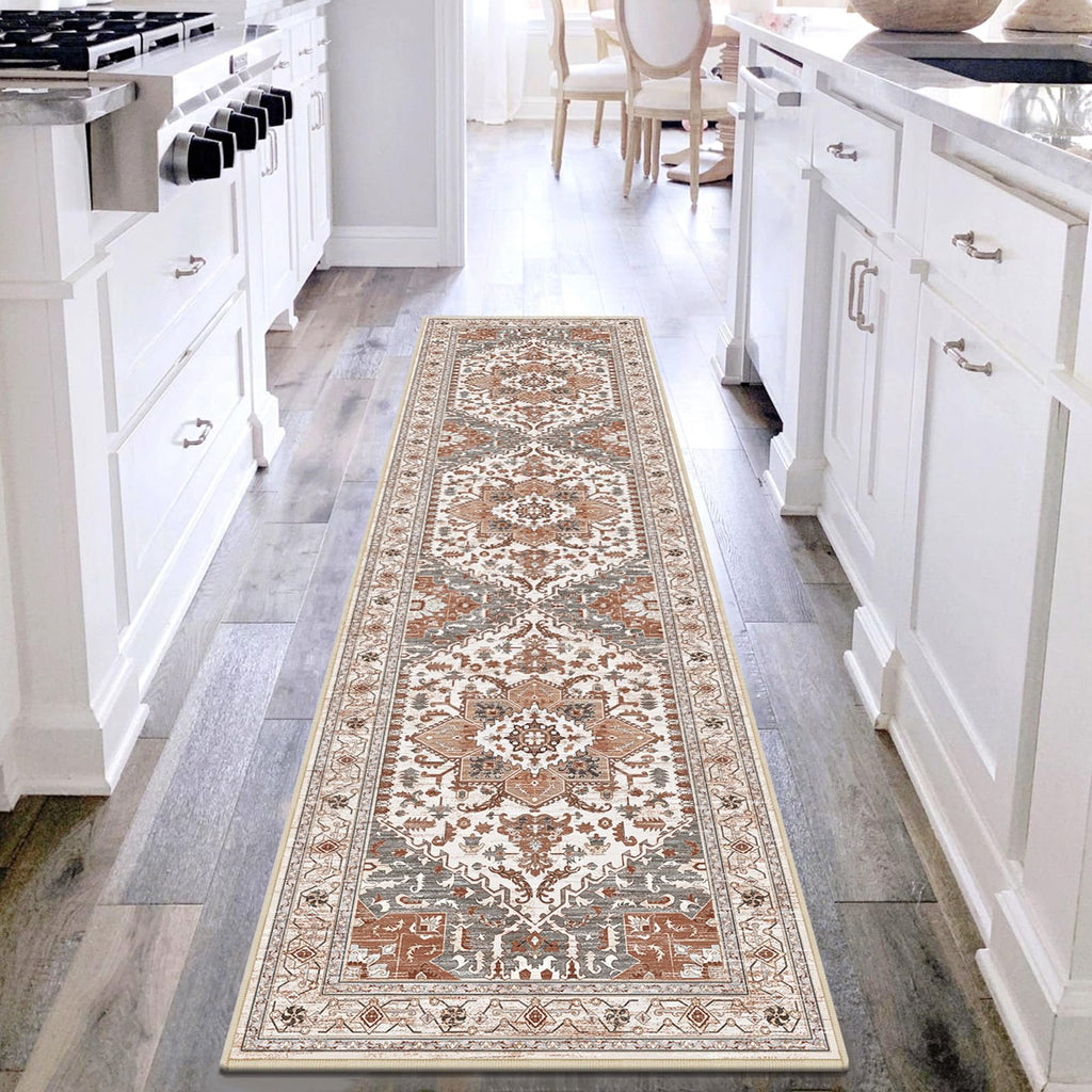 Yamaziot Washable Runner Rug, 2x8 Non-Slip Boho Vintage Hallway Rug Runner with Rubber Backing, Stain Resistant & Low Pile Faux Wool Distressed Carpet Runner for Bedroom, Kitchen, Laundry, Entrance