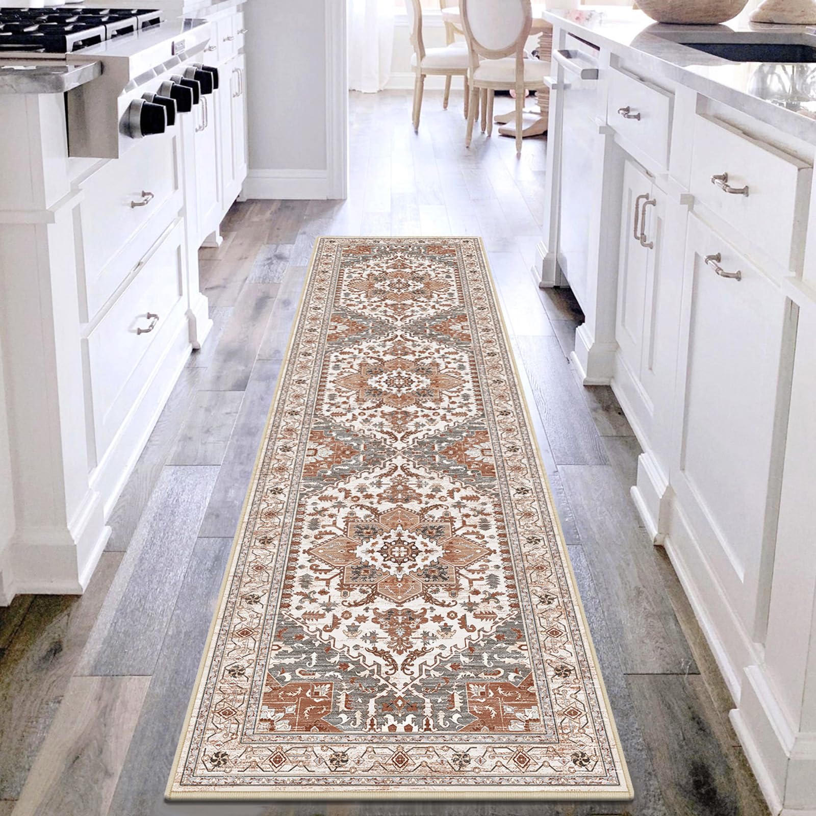 Yamaziot Washable Runner Rug, 2x8 Non-Slip Boho Vintage Hallway Rug Runner with Rubber Backing, Stain Resistant & Low Pile Faux Wool Distressed Carpet Runner for Bedroom, Kitchen, Laundry, Entrance