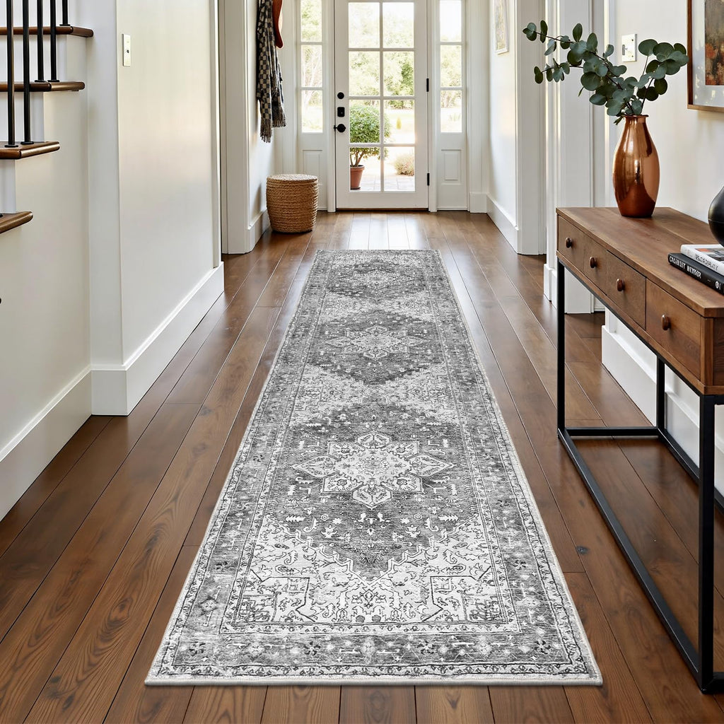 Yamaziot Washable Runner Rug, 2x8 Non-Slip Boho Vintage Hallway Rug Runner with Rubber Backing, Stain Resistant & Low Pile Faux Wool Distressed Carpet Runner for Bedroom, Kitchen, Laundry, Entrance