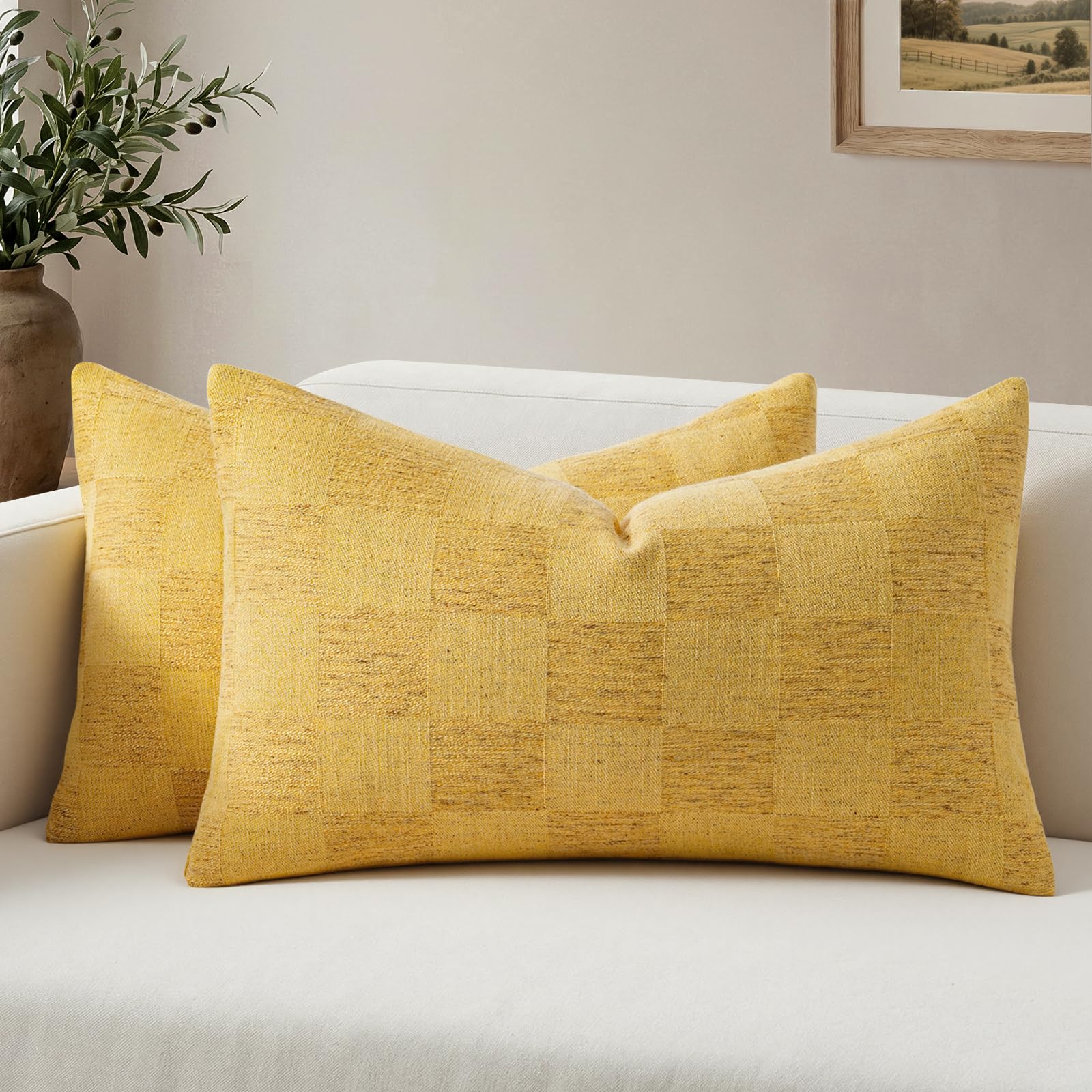 a moment Set of 2 Decorative Linen Throw Pillow Covers,Large Grid Textured Neutral Boho Farmhouse Cushion Covers,Soft Aesthetic Pillowcases for Couch Sofa Living Room Home Decor,20x20 Inch,Beige