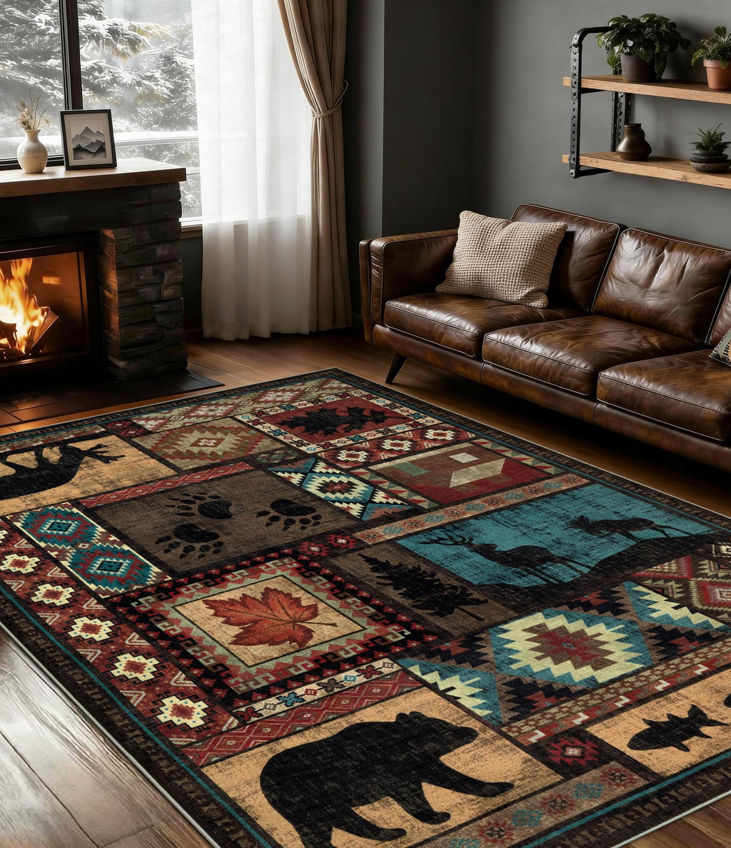 Hallway Runner Rug 2x6 Indoor Door Mat - Bear Rustic Cabin Non-Slip Entryway Rug, Low Pile Tribal Print for Kitchen, Bedroom