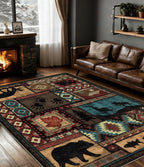 Hallway Runner Rug 2x6 Indoor Door Mat - Bear Rustic Cabin Non-Slip Entryway Rug, Low Pile Tribal Print for Kitchen, Bedroom