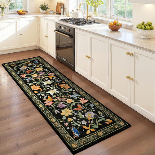 2x6 Washable Runners for Hallways Non Slip, Black Floral Kitchen Runner Rug with Rubber Backing, Vintage Carpet Runner for Entryway, Kitchen, Laundry, Bedroom, Bathroom