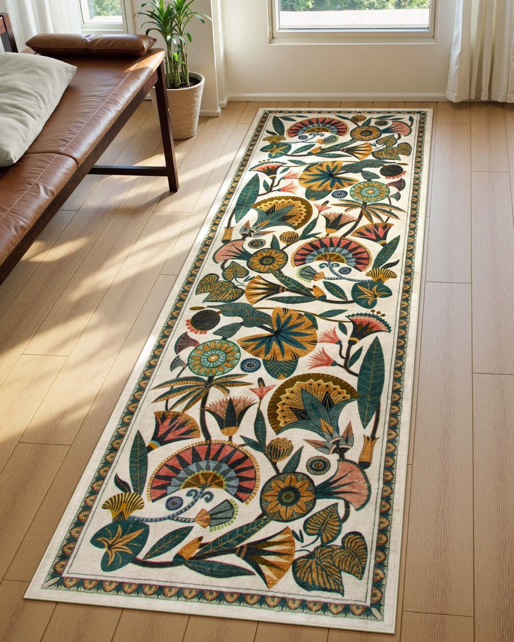 2'6''x8' Beige Egypt Floral Washable Non Slip Boho Runner Rug for Bathroom Kitchen Hallway Entryway Laundry Room
