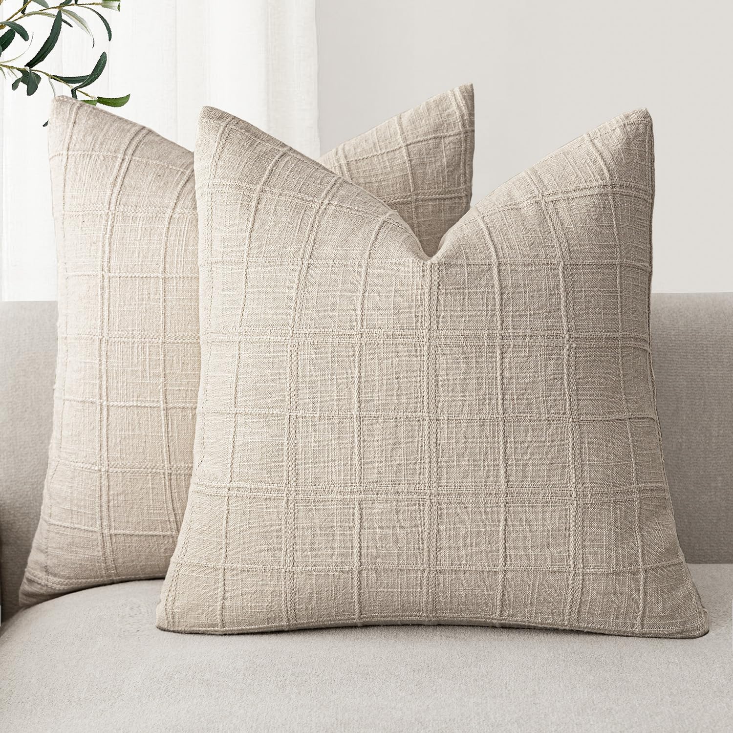 Foindtower Set of 2 Decorative Linen Check Throw Pillow Covers Neutral Farmhouse Vintage Cushion Covers Modern Boho Home Decor for Sofa Chair Couch Bedroom Living Room,18×18 Inch,Natural Beige