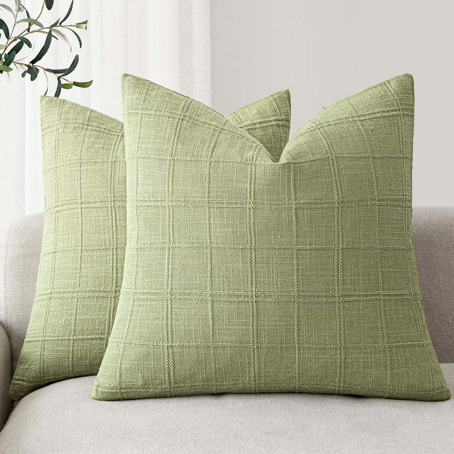 Foindtower Set of 2 Decorative Linen Check Throw Pillow Covers Neutral Farmhouse Vintage Cushion Covers Modern Boho Home Decor for Sofa Chair Couch Bedroom Living Room,18×18 Inch,Natural Beige