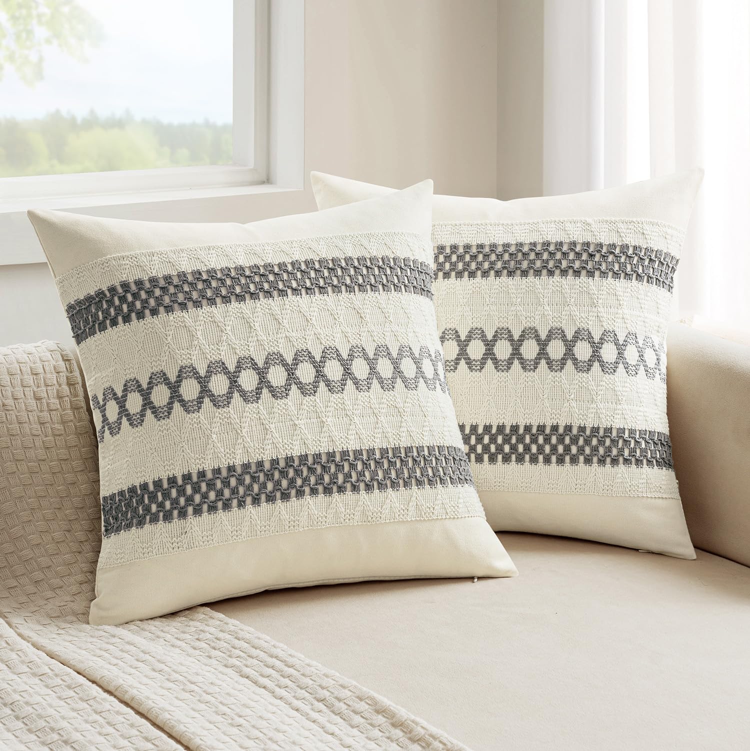 Set of 2 18x18 Inch Sage Green Macrame Woven Boho Farmhouse Pillow Covers Retro Cotton Cushion Cases for Sofa Bed Chair Summer Spring Decor