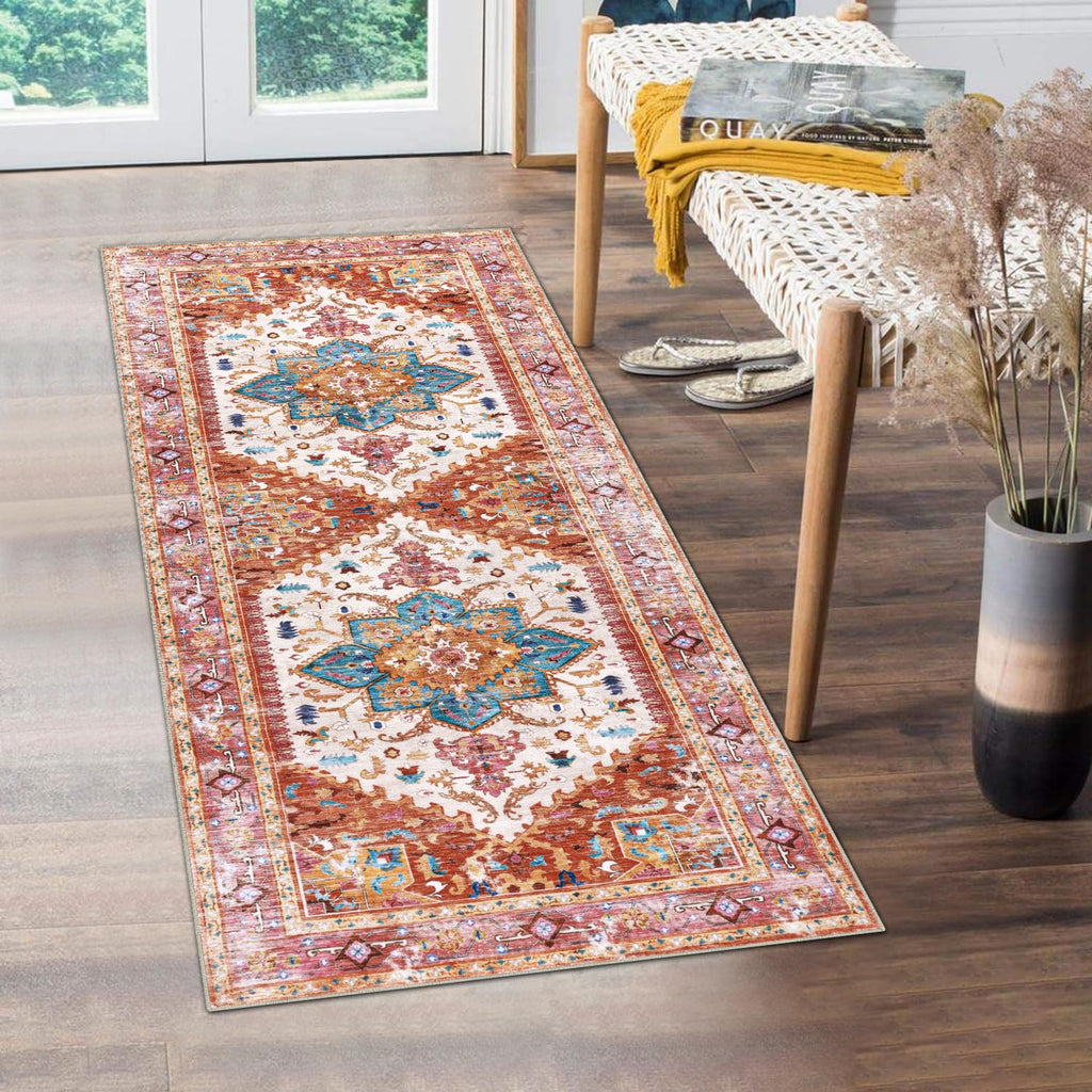 Yamaziot Washable Runner Rug, 2x8 Non-Slip Boho Vintage Hallway Rug Runner with Rubber Backing, Stain Resistant & Low Pile Faux Wool Distressed Carpet Runner for Bedroom, Kitchen, Laundry, Entrance