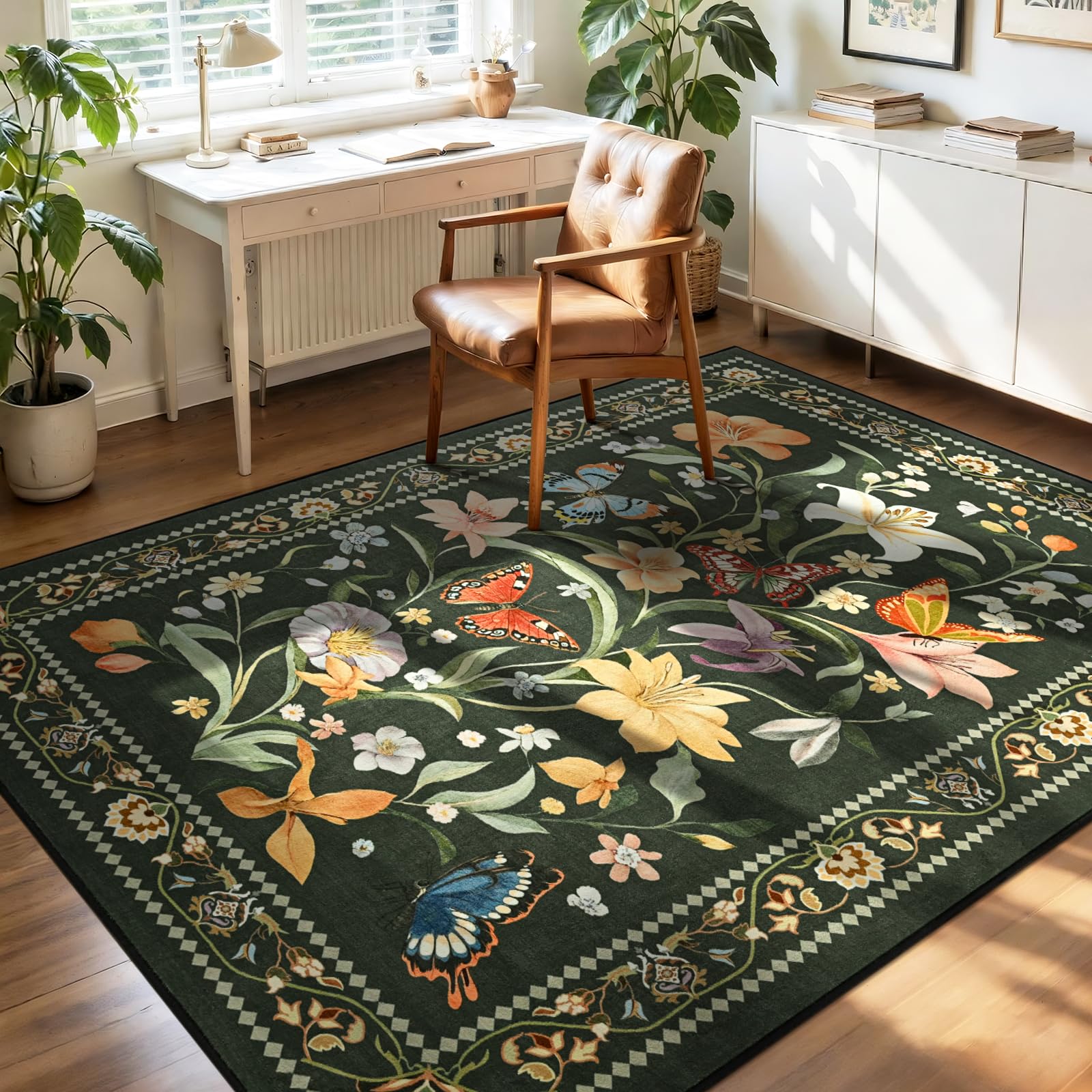 2x6 Washable Runners for Hallways Non Slip, Black Floral Kitchen Runner Rug with Rubber Backing, Vintage Carpet Runner for Entryway, Kitchen, Laundry, Bedroom, Bathroom