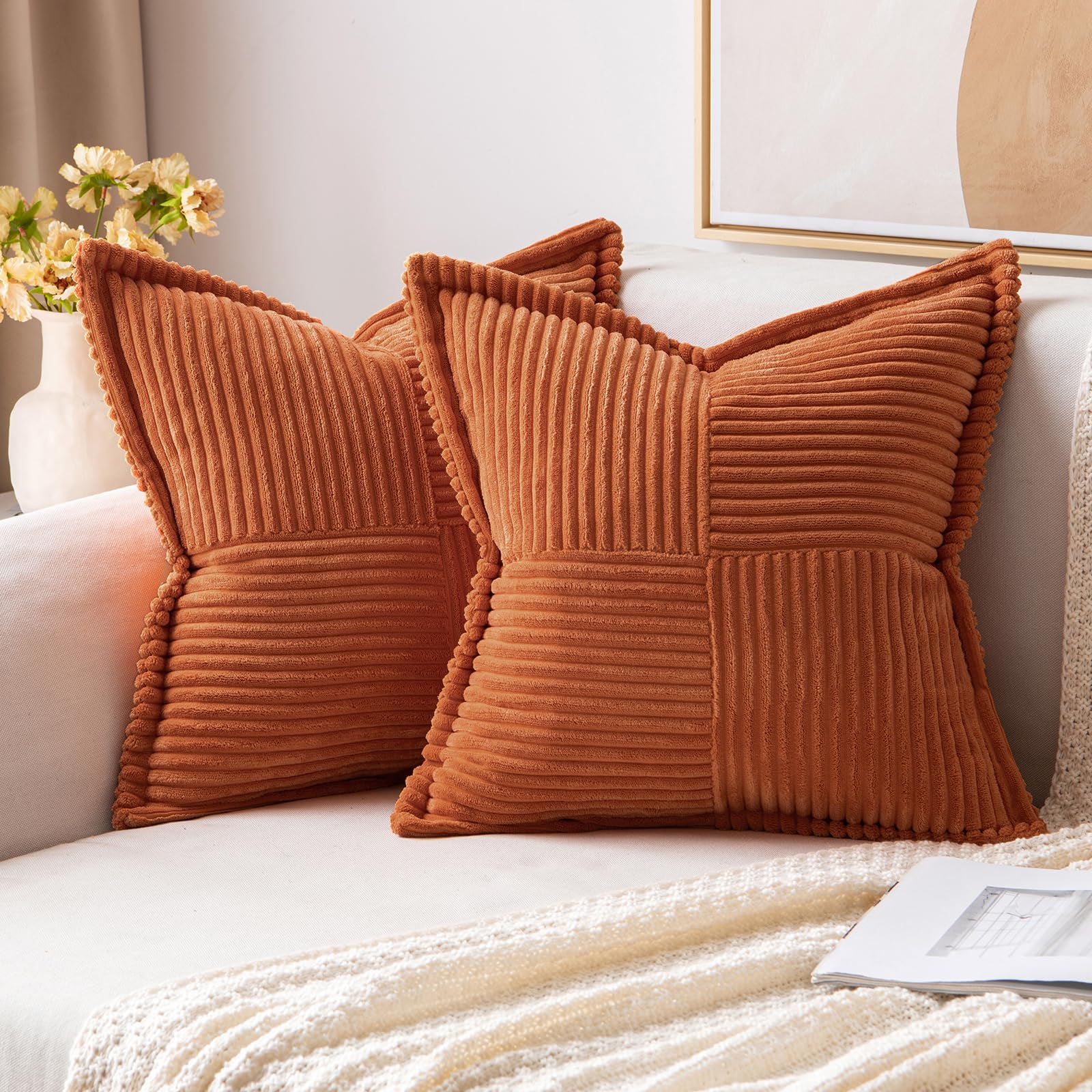 MIULEE Decorative Throw Pillow Covers for Couch Bed Livingroom 20x20 Inch Set of 2 Beige Boho Accent Throw Pllows Broadside Striped Patchwork Soft Corduroy Pillowcases