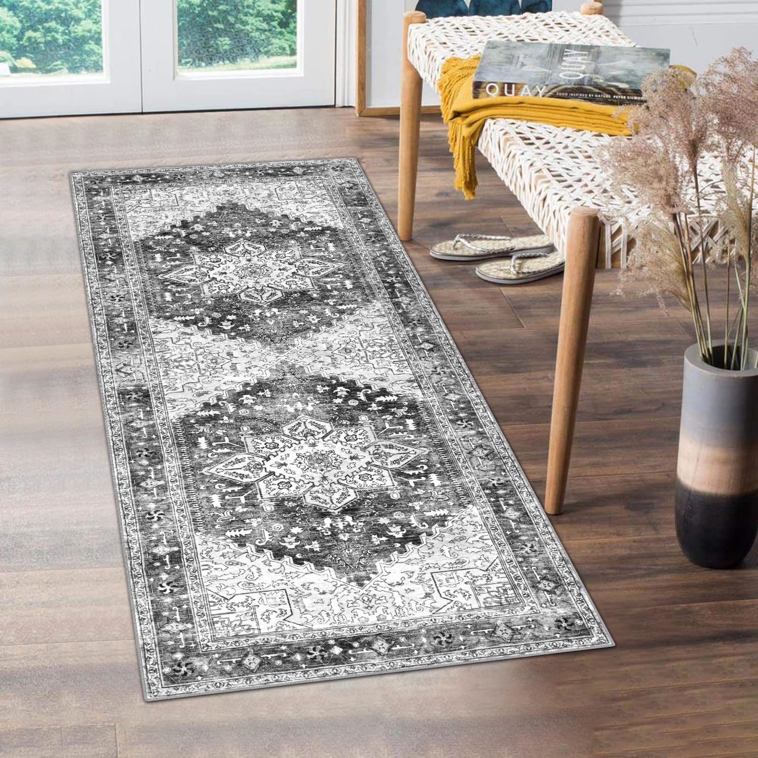 Yamaziot Washable Runner Rug, 2x8 Non-Slip Boho Vintage Hallway Rug Runner with Rubber Backing, Stain Resistant & Low Pile Faux Wool Distressed Carpet Runner for Bedroom, Kitchen, Laundry, Entrance