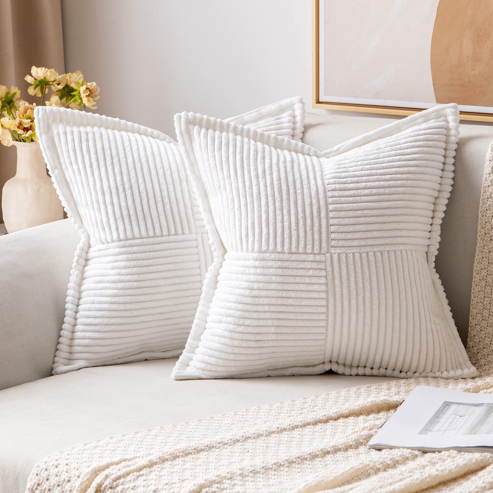 MIULEE Decorative Throw Pillow Covers for Couch Bed Livingroom 20x20 Inch Set of 2 Beige Boho Accent Throw Pllows Broadside Striped Patchwork Soft Corduroy Pillowcases