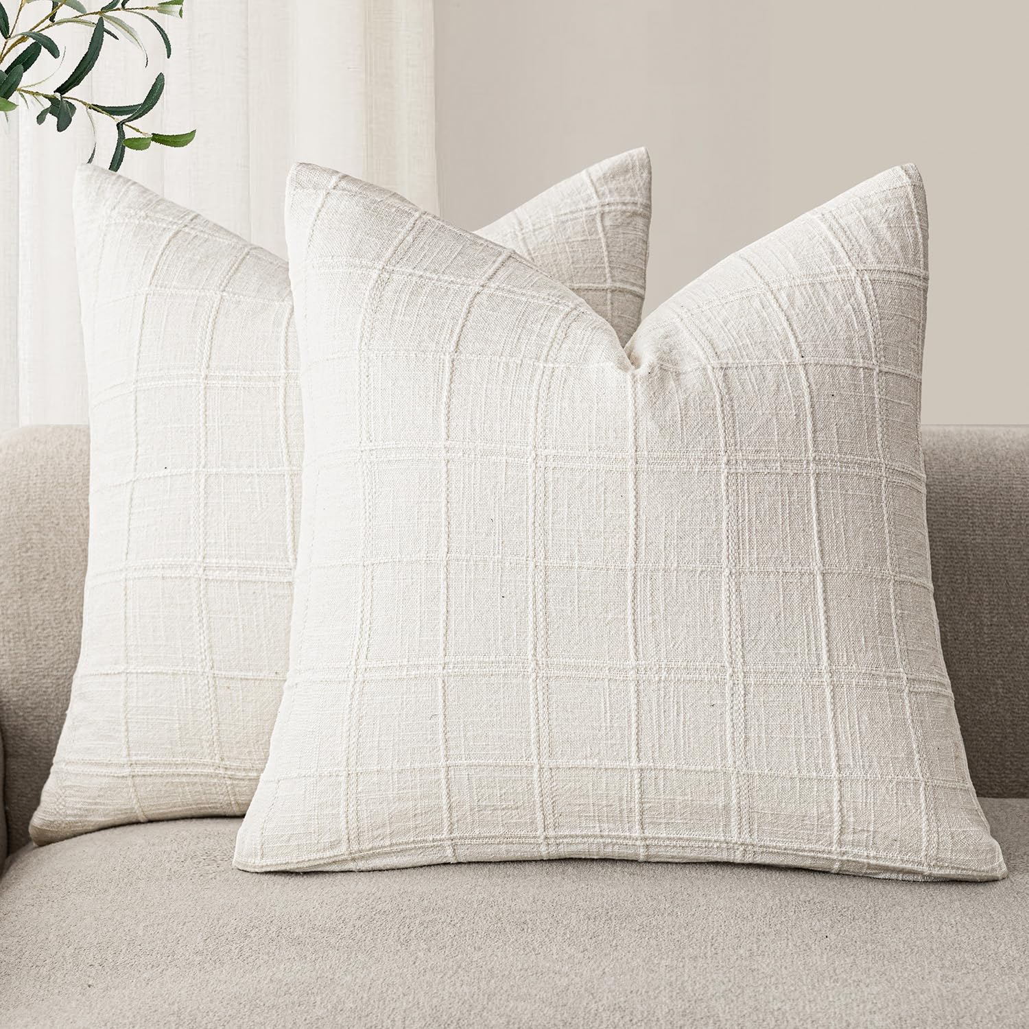 Foindtower Set of 2 Decorative Linen Check Throw Pillow Covers Neutral Farmhouse Vintage Cushion Covers Modern Boho Home Decor for Sofa Chair Couch Bedroom Living Room,18×18 Inch,Natural Beige