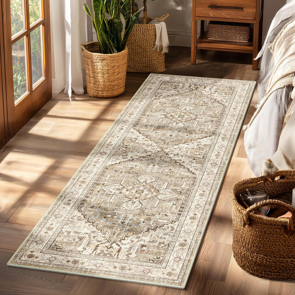 Yamaziot Washable Runner Rug, 2x8 Non-Slip Boho Vintage Hallway Rug Runner with Rubber Backing, Stain Resistant & Low Pile Faux Wool Distressed Carpet Runner for Bedroom, Kitchen, Laundry, Entrance