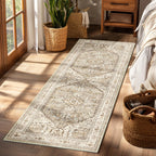Yamaziot Washable Runner Rug, 2x8 Non-Slip Boho Vintage Hallway Rug Runner with Rubber Backing, Stain Resistant & Low Pile Faux Wool Distressed Carpet Runner for Bedroom, Kitchen, Laundry, Entrance