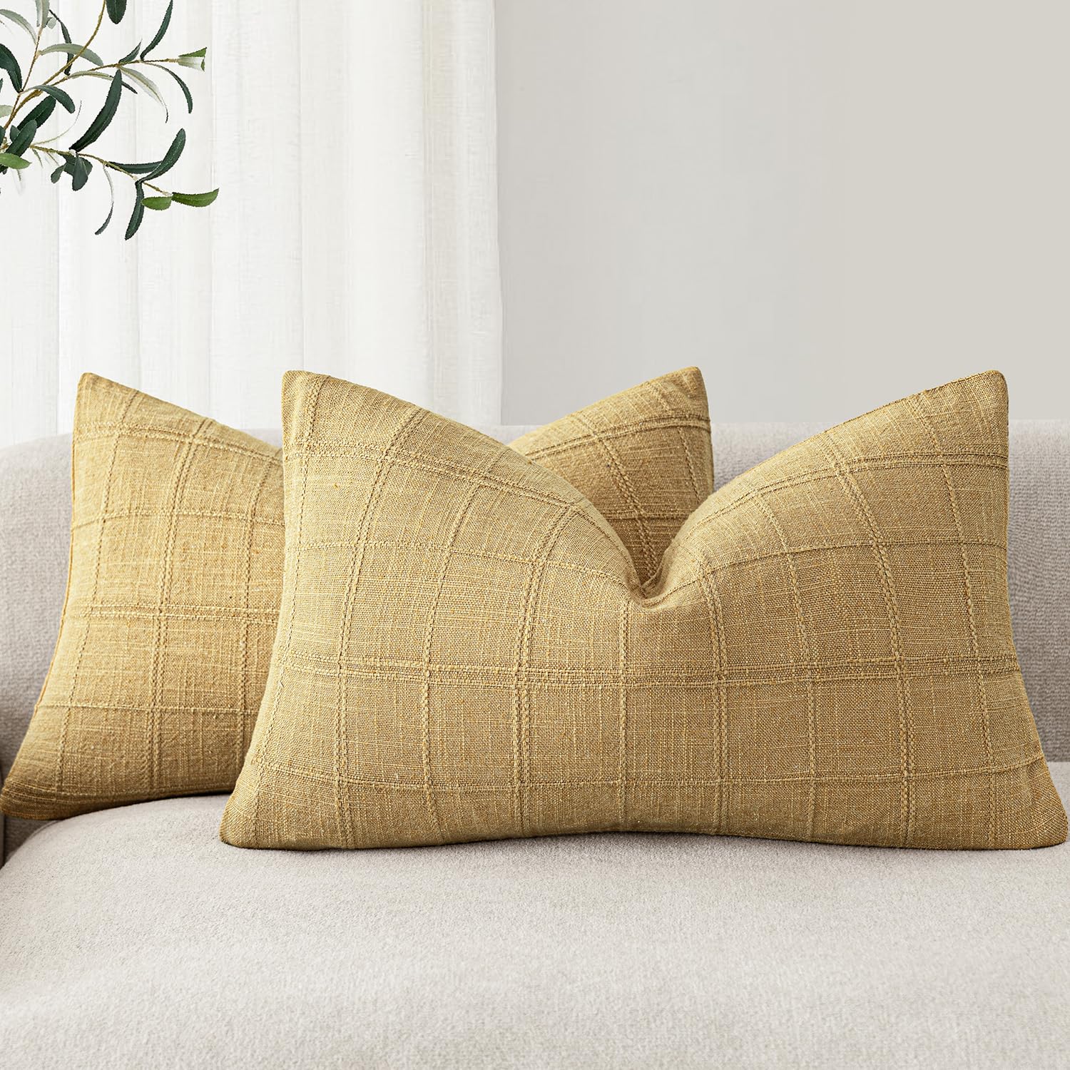 Foindtower Set of 2 Decorative Linen Check Throw Pillow Covers Neutral Farmhouse Vintage Cushion Covers Modern Boho Home Decor for Sofa Chair Couch Bedroom Living Room,18×18 Inch,Natural Beige