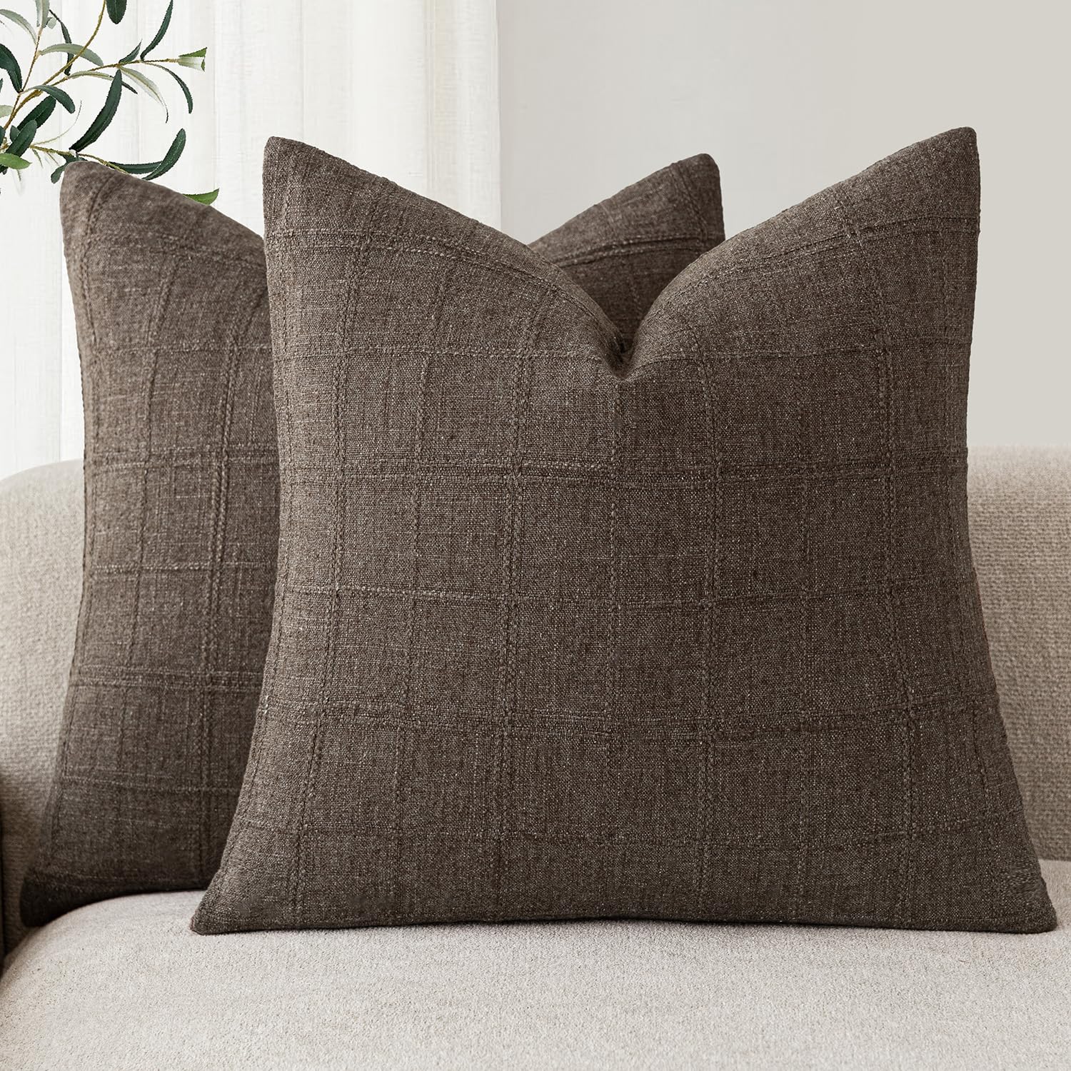 Foindtower Set of 2 Decorative Linen Check Throw Pillow Covers Neutral Farmhouse Vintage Cushion Covers Modern Boho Home Decor for Sofa Chair Couch Bedroom Living Room,18×18 Inch,Natural Beige