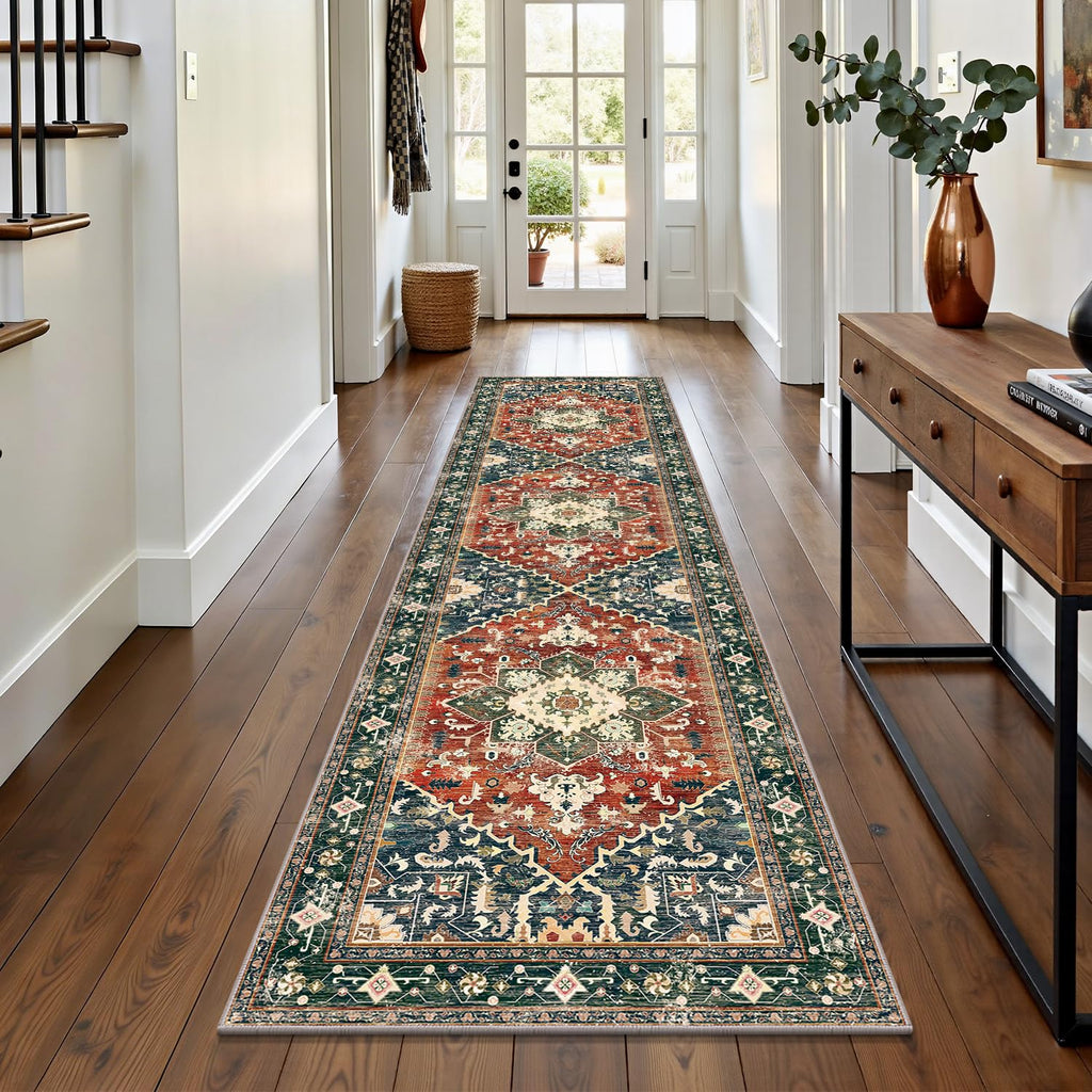 Yamaziot Washable Runner Rug, 2x8 Non-Slip Boho Vintage Hallway Rug Runner with Rubber Backing, Stain Resistant & Low Pile Faux Wool Distressed Carpet Runner for Bedroom, Kitchen, Laundry, Entrance