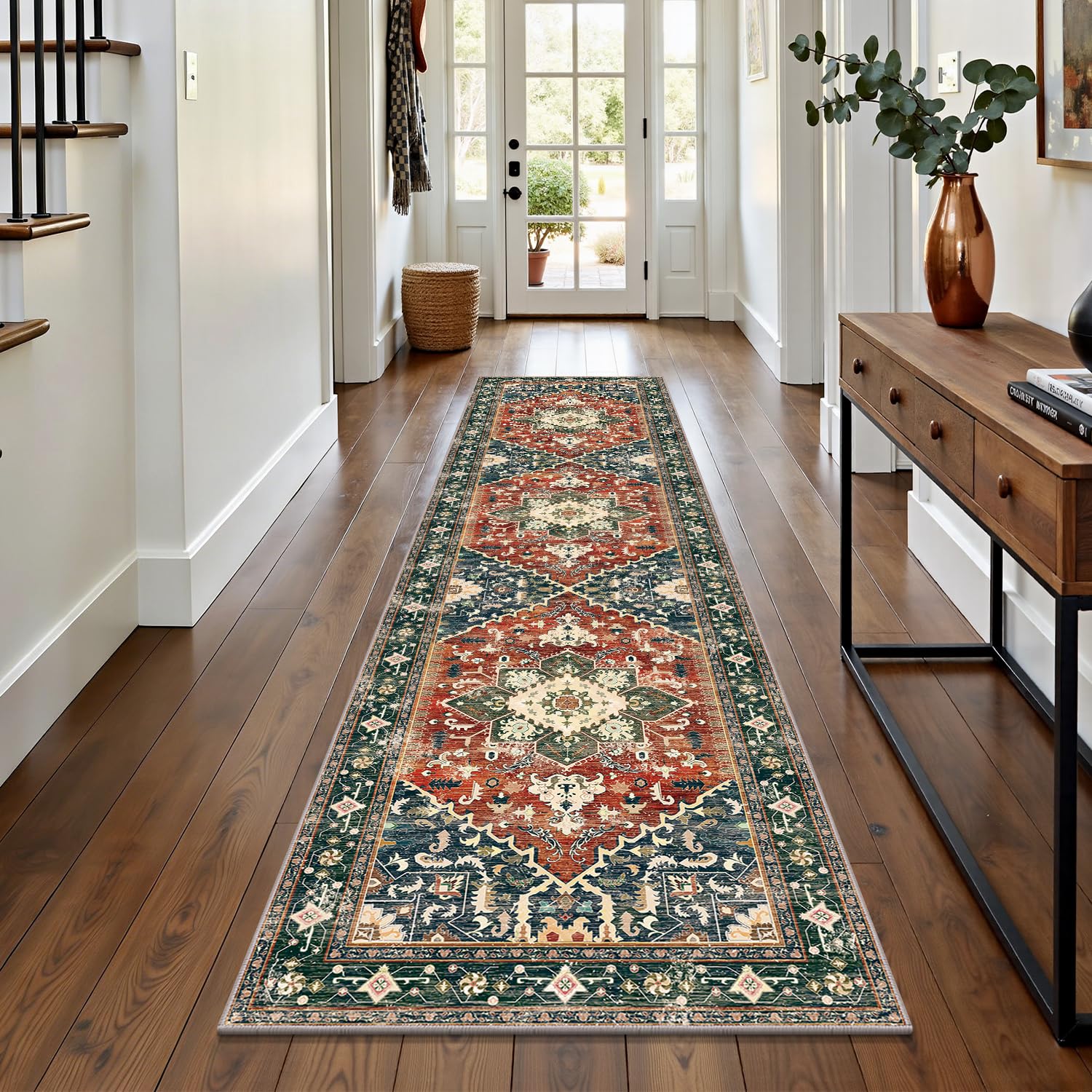 Yamaziot Washable Runner Rug, 2x8 Non-Slip Boho Vintage Hallway Rug Runner with Rubber Backing, Stain Resistant & Low Pile Faux Wool Distressed Carpet Runner for Bedroom, Kitchen, Laundry, Entrance