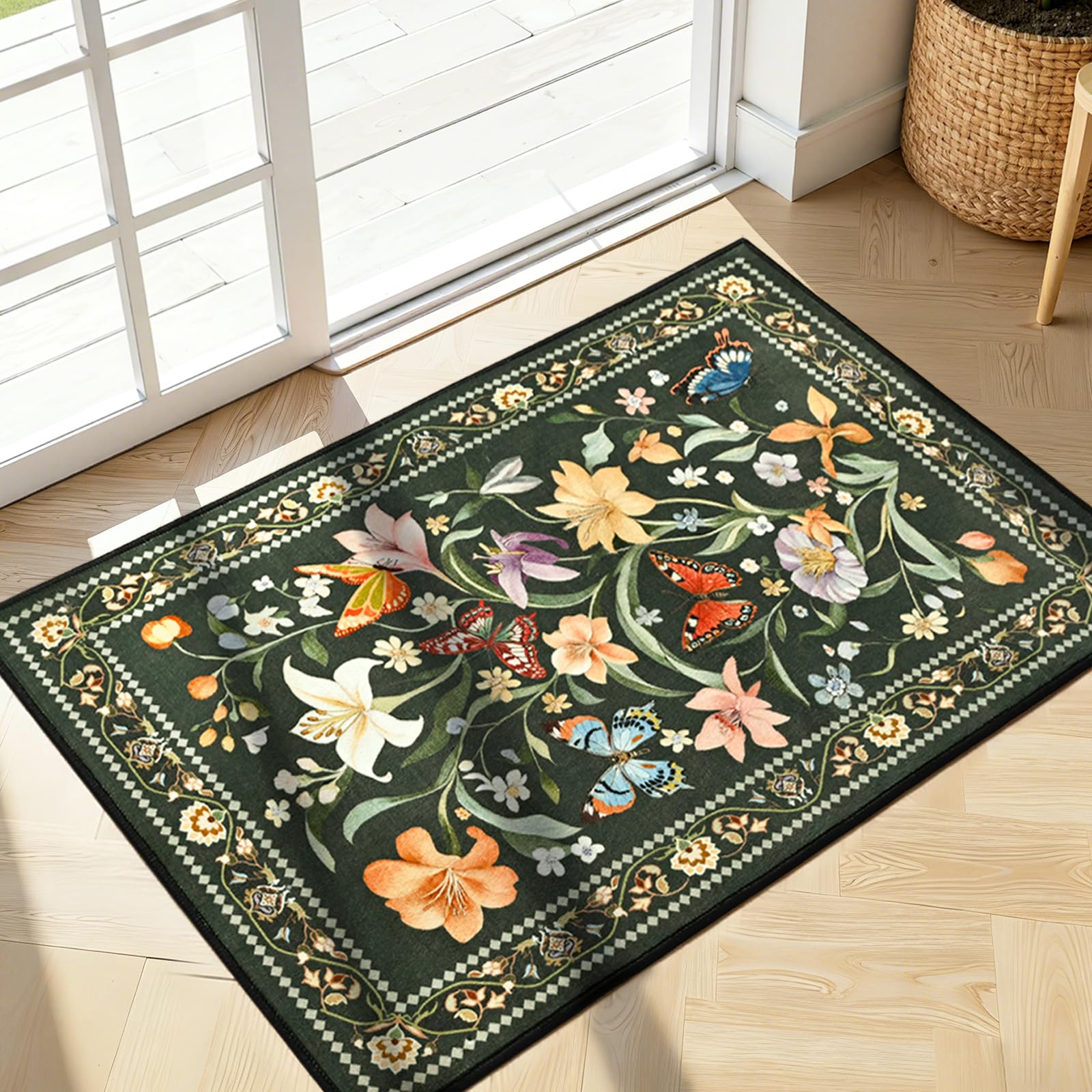 2x6 Washable Runners for Hallways Non Slip, Black Floral Kitchen Runner Rug with Rubber Backing, Vintage Carpet Runner for Entryway, Kitchen, Laundry, Bedroom, Bathroom