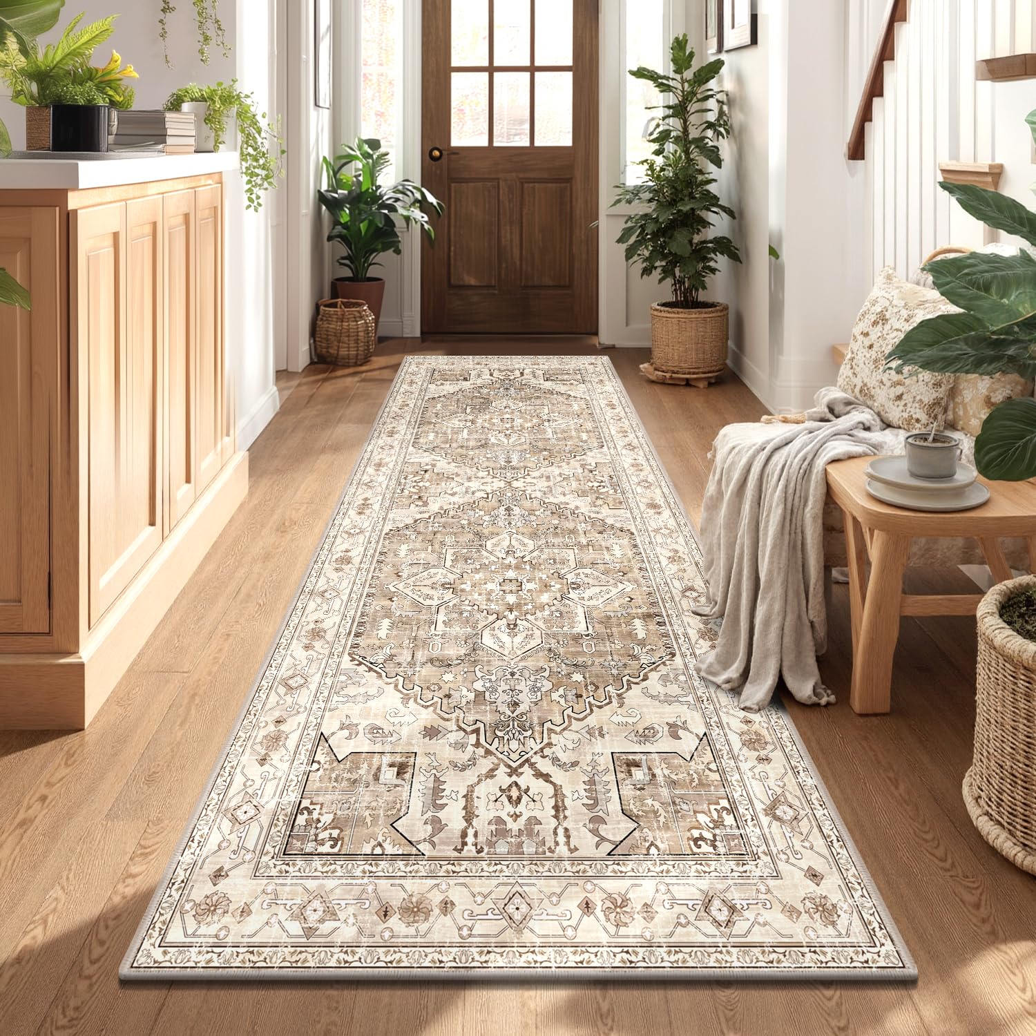 Yamaziot Washable Runner Rug, 2x8 Non-Slip Boho Vintage Hallway Rug Runner with Rubber Backing, Stain Resistant & Low Pile Faux Wool Distressed Carpet Runner for Bedroom, Kitchen, Laundry, Entrance