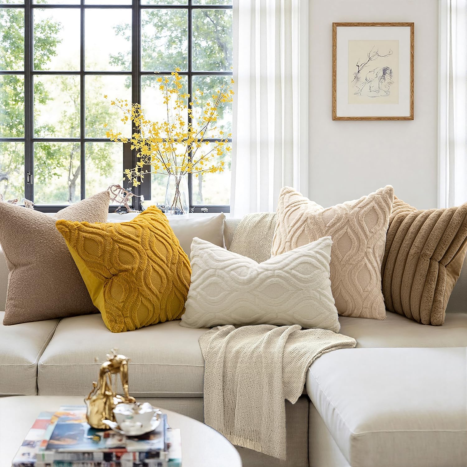 Set of 2 18x18 Inch Mustard Yellow Soft Plush Faux Wool Throw Pillow Covers Farmhouse Boho Decor for Sofa Bed Living Room