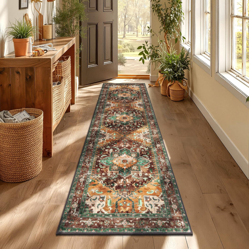 Yamaziot Washable Runner Rug, 2x8 Non-Slip Boho Vintage Hallway Rug Runner with Rubber Backing, Stain Resistant & Low Pile Faux Wool Distressed Carpet Runner for Bedroom, Kitchen, Laundry, Entrance