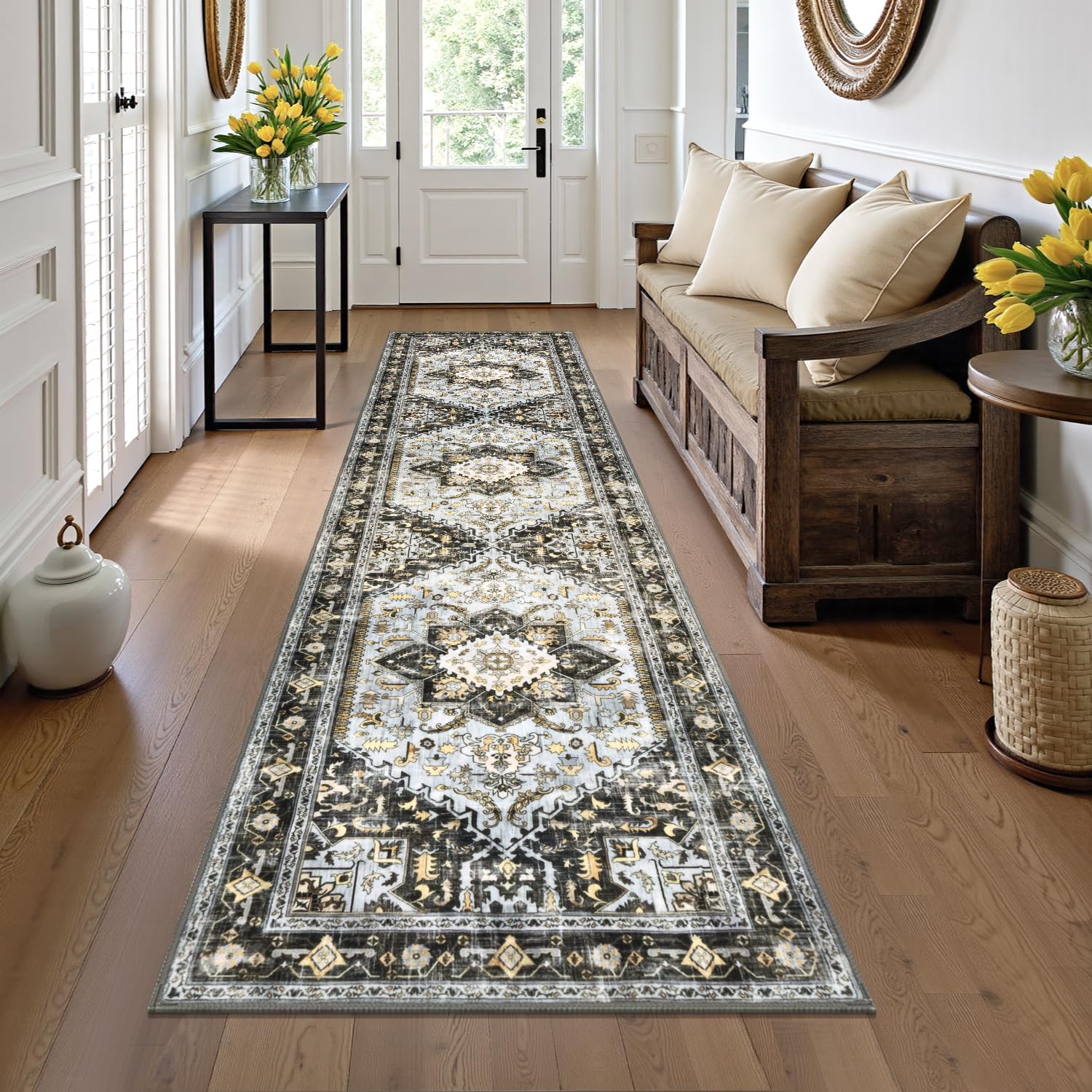 Yamaziot Washable Runner Rug, 2x8 Non-Slip Boho Vintage Hallway Rug Runner with Rubber Backing, Stain Resistant & Low Pile Faux Wool Distressed Carpet Runner for Bedroom, Kitchen, Laundry, Entrance