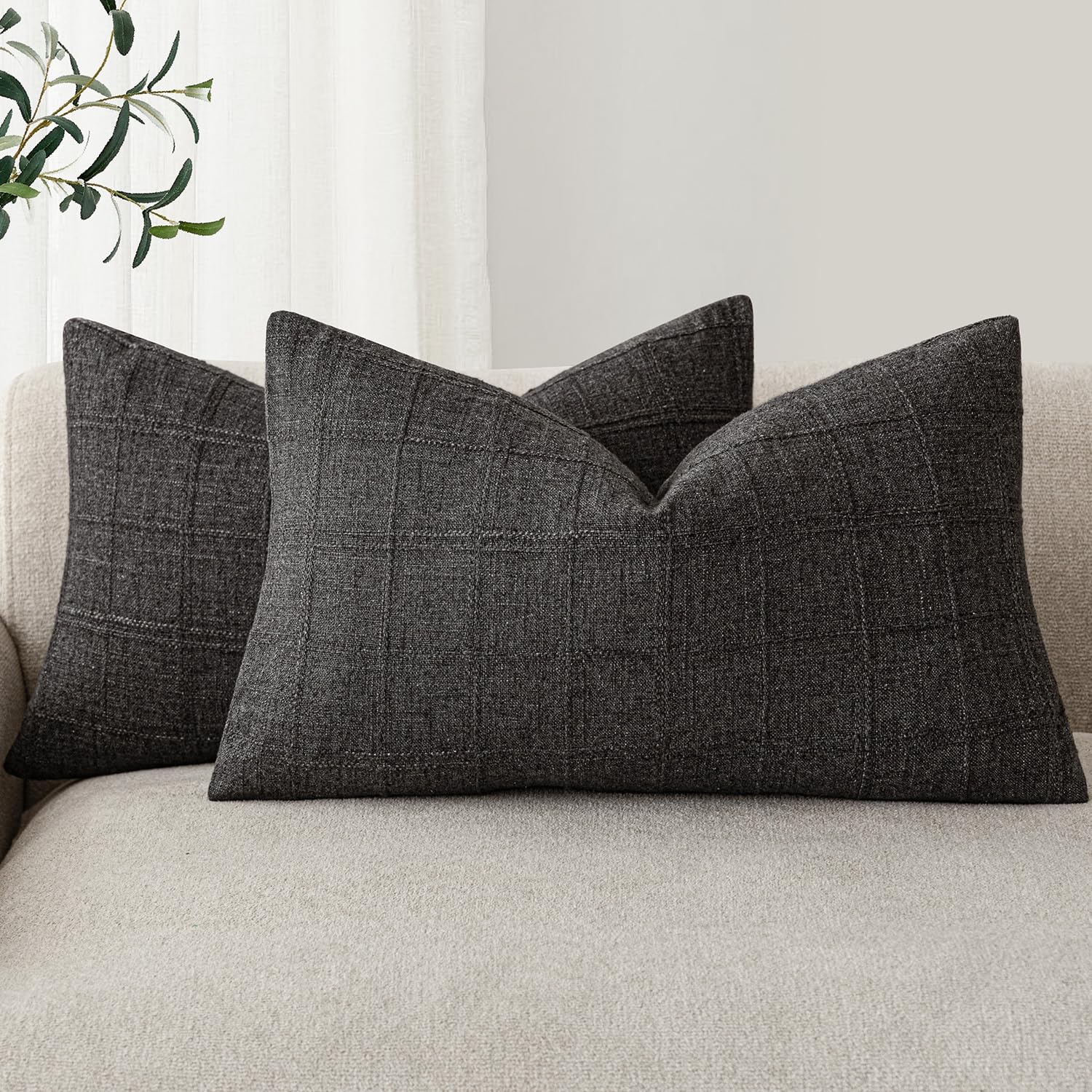 Foindtower Set of 2 Decorative Linen Check Throw Pillow Covers Neutral Farmhouse Vintage Cushion Covers Modern Boho Home Decor for Sofa Chair Couch Bedroom Living Room,18×18 Inch,Natural Beige