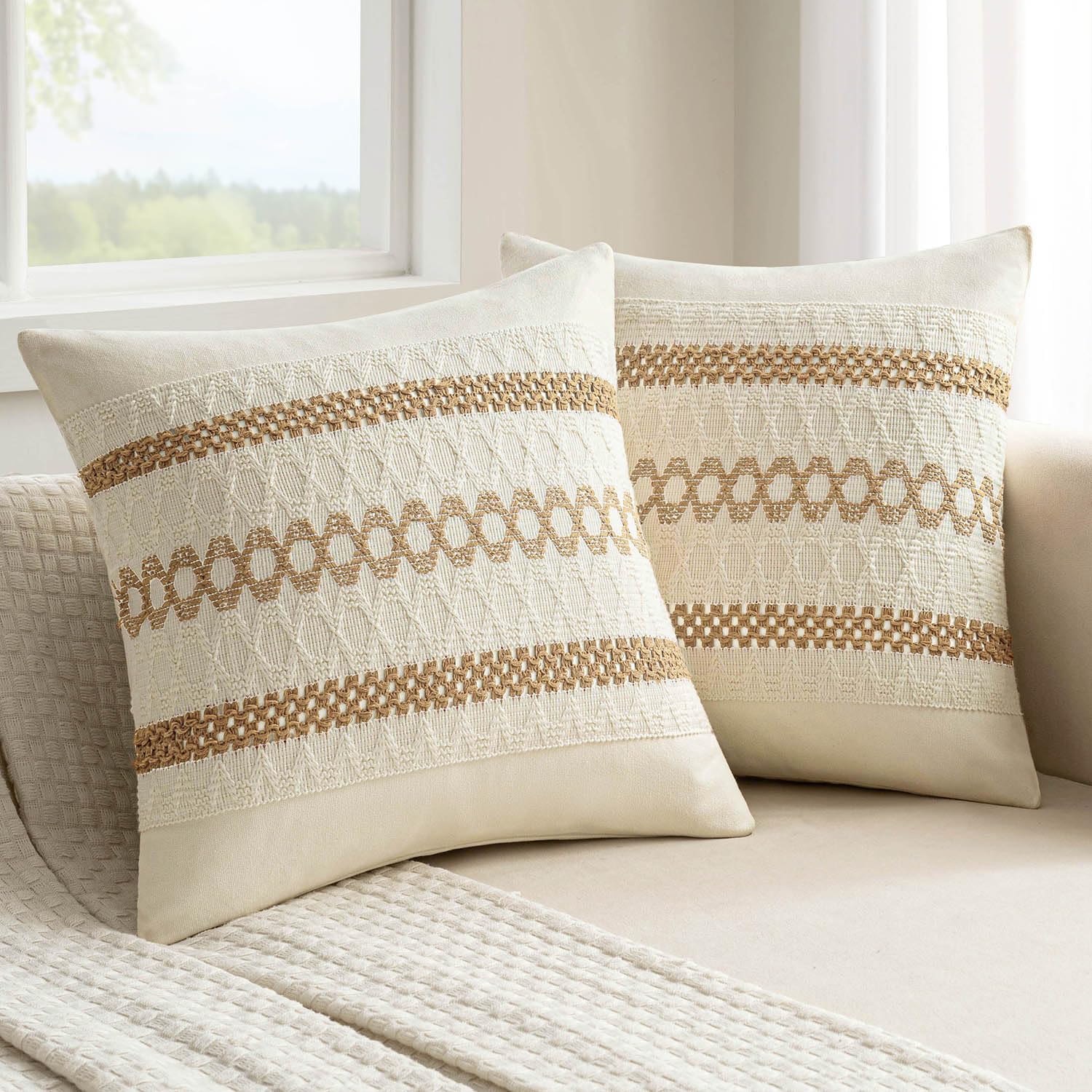 Set of 2 18x18 Inch Sage Green Macrame Woven Boho Farmhouse Pillow Covers Retro Cotton Cushion Cases for Sofa Bed Chair Summer Spring Decor