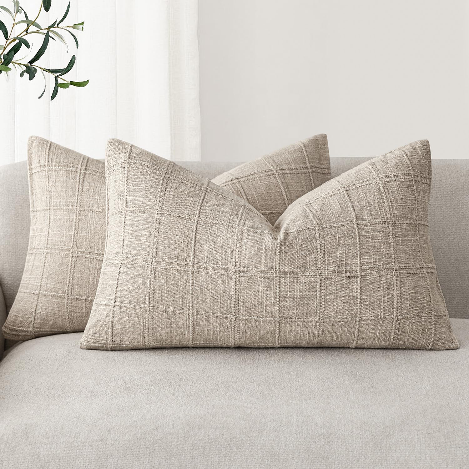 Foindtower Set of 2 Decorative Linen Check Throw Pillow Covers Neutral Farmhouse Vintage Cushion Covers Modern Boho Home Decor for Sofa Chair Couch Bedroom Living Room,18×18 Inch,Natural Beige