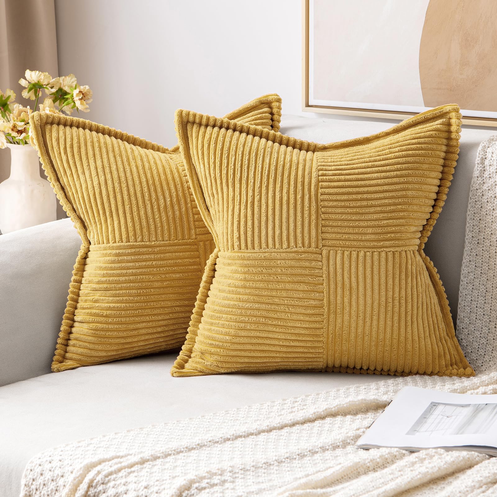 MIULEE Decorative Throw Pillow Covers for Couch Bed Livingroom 20x20 Inch Set of 2 Beige Boho Accent Throw Pllows Broadside Striped Patchwork Soft Corduroy Pillowcases
