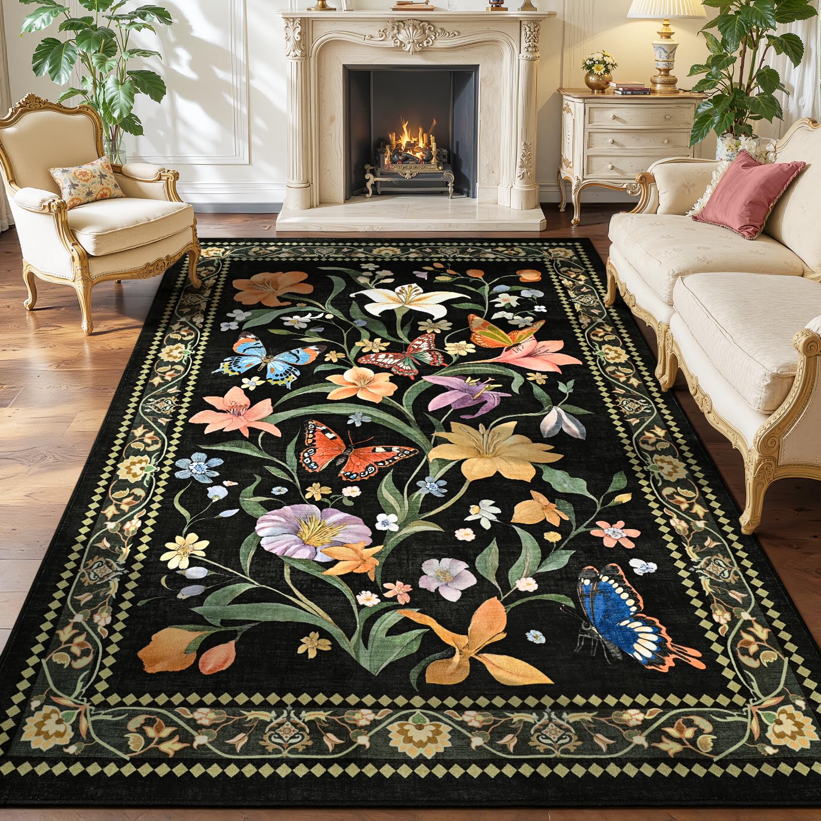 2x6 Washable Runners for Hallways Non Slip, Black Floral Kitchen Runner Rug with Rubber Backing, Vintage Carpet Runner for Entryway, Kitchen, Laundry, Bedroom, Bathroom