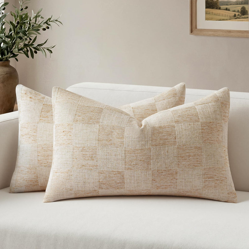 a moment Set of 2 Decorative Linen Throw Pillow Covers,Large Grid Textured Neutral Boho Farmhouse Cushion Covers,Soft Aesthetic Pillowcases for Couch Sofa Living Room Home Decor,20x20 Inch,Beige