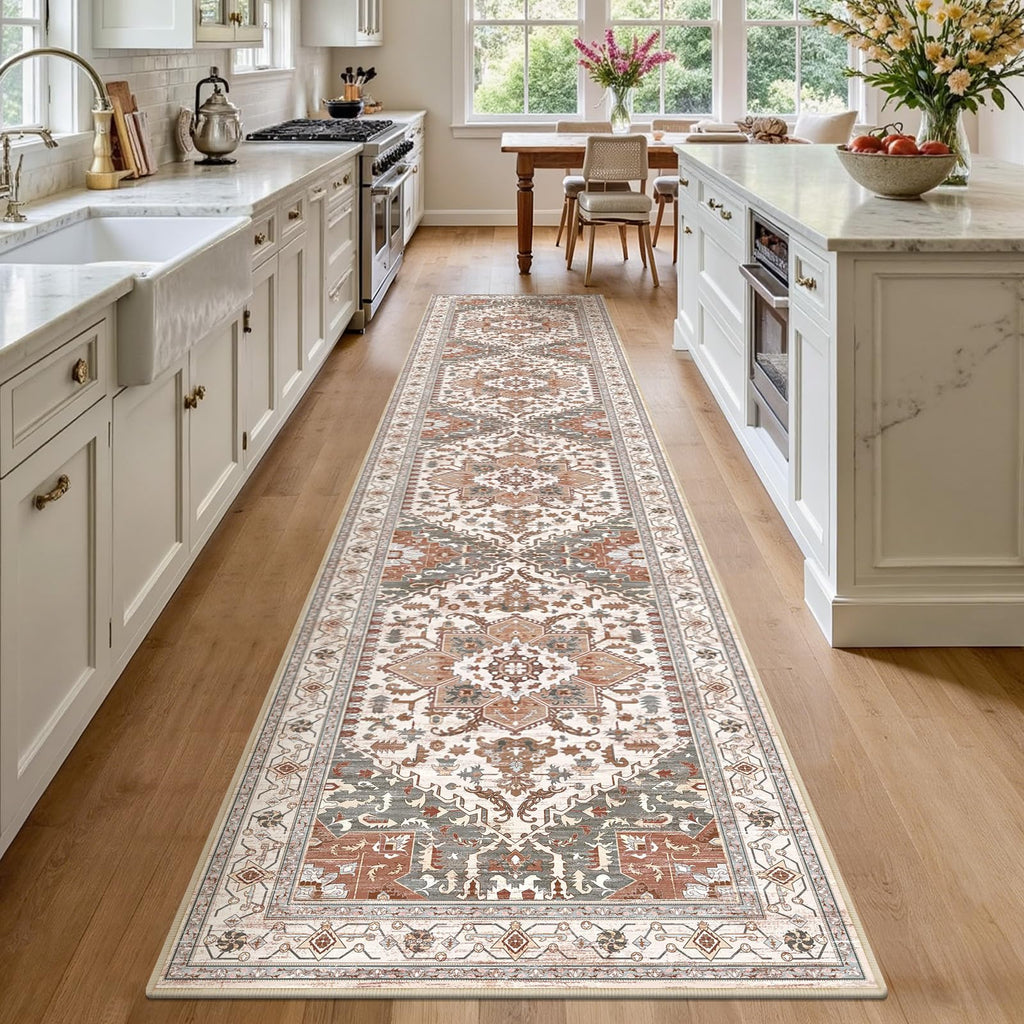 Yamaziot Washable Runner Rug, 2x8 Non-Slip Boho Vintage Hallway Rug Runner with Rubber Backing, Stain Resistant & Low Pile Faux Wool Distressed Carpet Runner for Bedroom, Kitchen, Laundry, Entrance