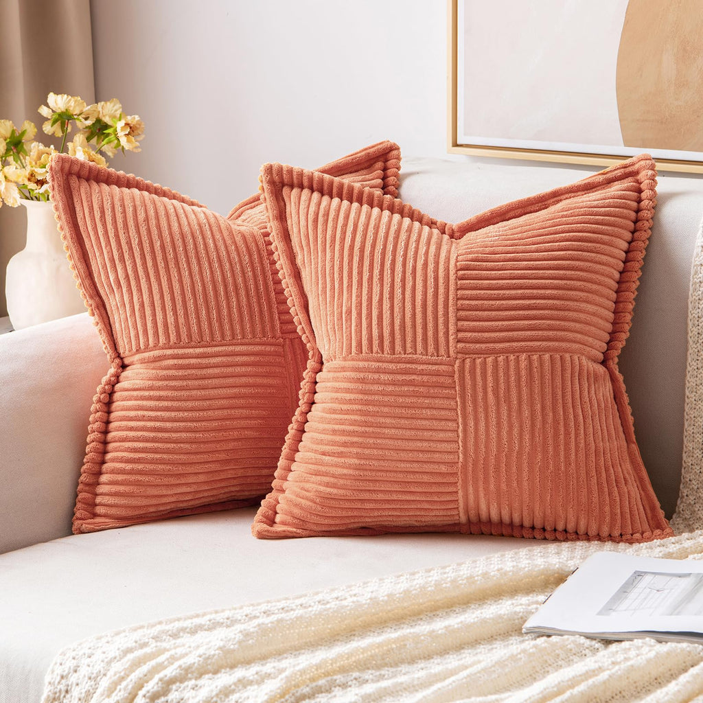 MIULEE Decorative Throw Pillow Covers for Couch Bed Livingroom 20x20 Inch Set of 2 Beige Boho Accent Throw Pllows Broadside Striped Patchwork Soft Corduroy Pillowcases