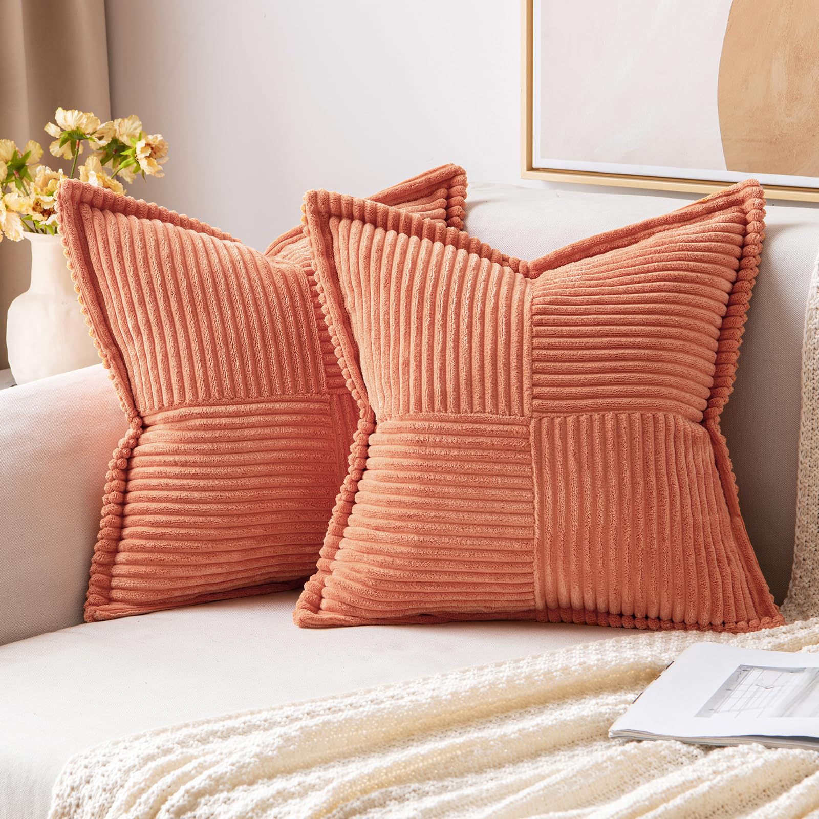 MIULEE Decorative Throw Pillow Covers for Couch Bed Livingroom 20x20 Inch Set of 2 Beige Boho Accent Throw Pllows Broadside Striped Patchwork Soft Corduroy Pillowcases