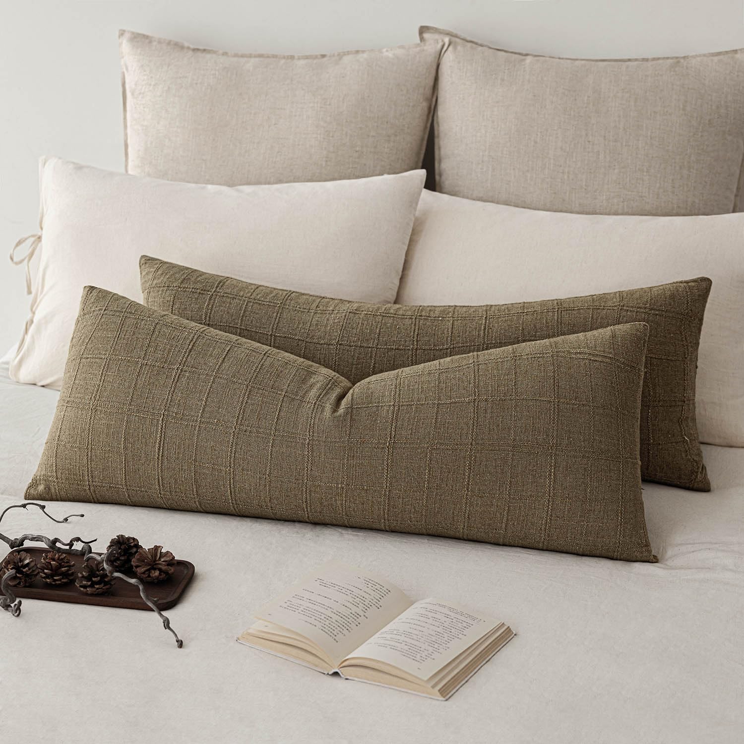 Foindtower Set of 2 Decorative Linen Check Throw Pillow Covers Neutral Farmhouse Vintage Cushion Covers Modern Boho Home Decor for Sofa Chair Couch Bedroom Living Room,18×18 Inch,Natural Beige