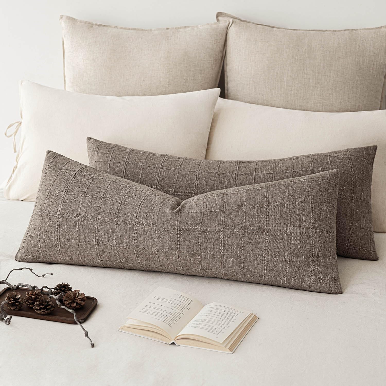 Foindtower Set of 2 Decorative Linen Check Throw Pillow Covers Neutral Farmhouse Vintage Cushion Covers Modern Boho Home Decor for Sofa Chair Couch Bedroom Living Room,18×18 Inch,Natural Beige
