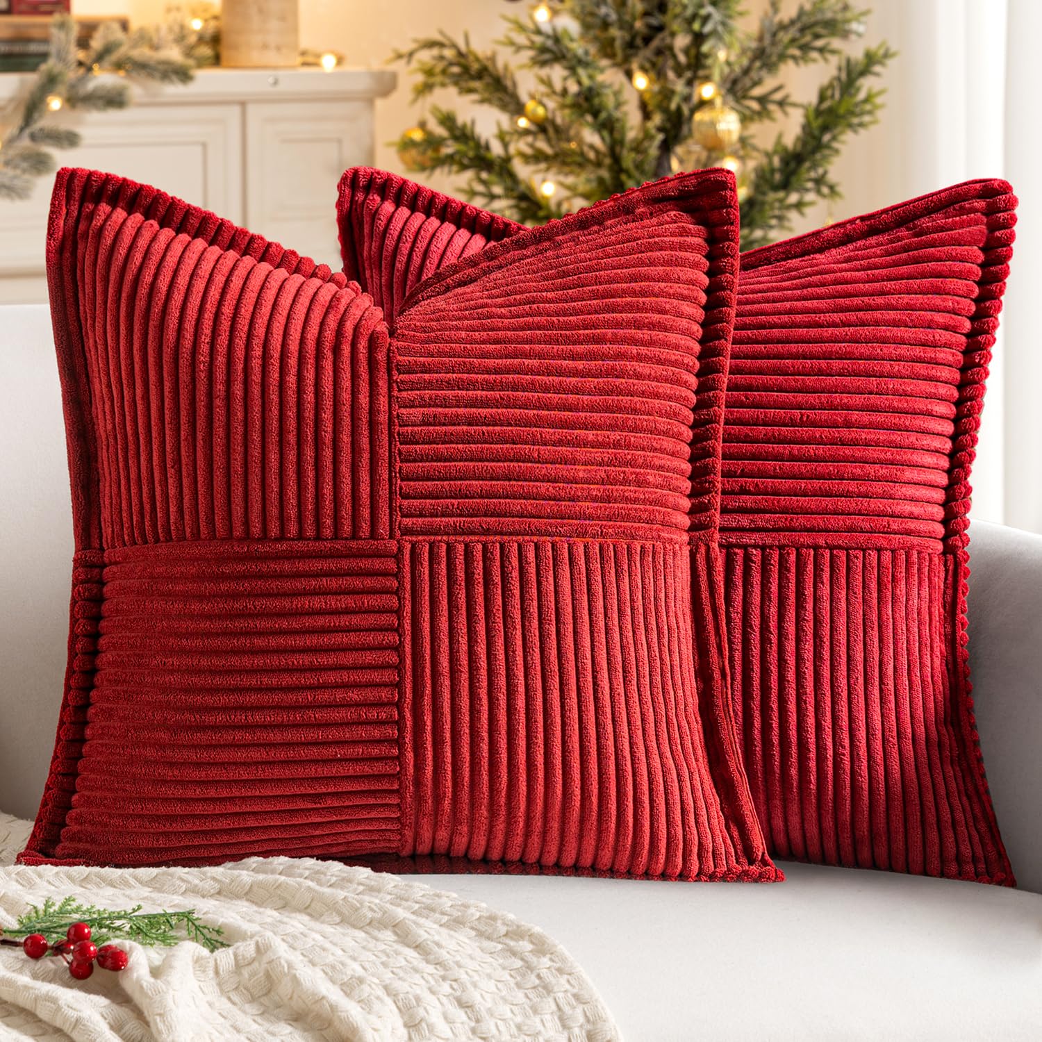 MIULEE Decorative Throw Pillow Covers for Couch Bed Livingroom 20x20 Inch Set of 2 Beige Boho Accent Throw Pllows Broadside Striped Patchwork Soft Corduroy Pillowcases