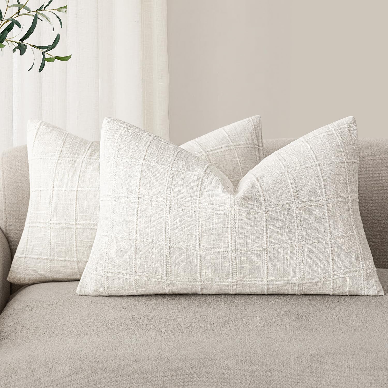 Foindtower Set of 2 Decorative Linen Check Throw Pillow Covers Neutral Farmhouse Vintage Cushion Covers Modern Boho Home Decor for Sofa Chair Couch Bedroom Living Room,18×18 Inch,Natural Beige