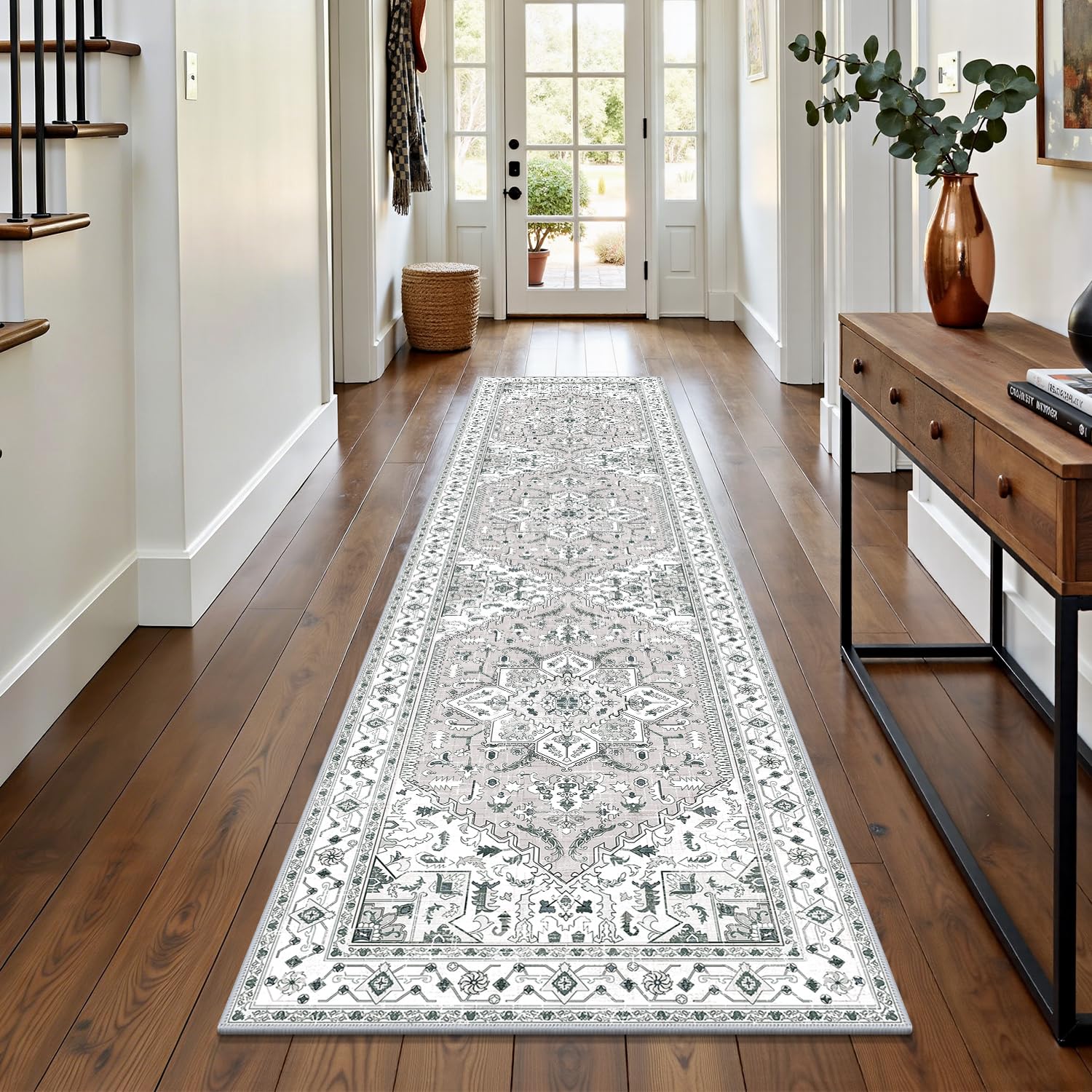 Yamaziot Washable Runner Rug, 2x8 Non-Slip Boho Vintage Hallway Rug Runner with Rubber Backing, Stain Resistant & Low Pile Faux Wool Distressed Carpet Runner for Bedroom, Kitchen, Laundry, Entrance