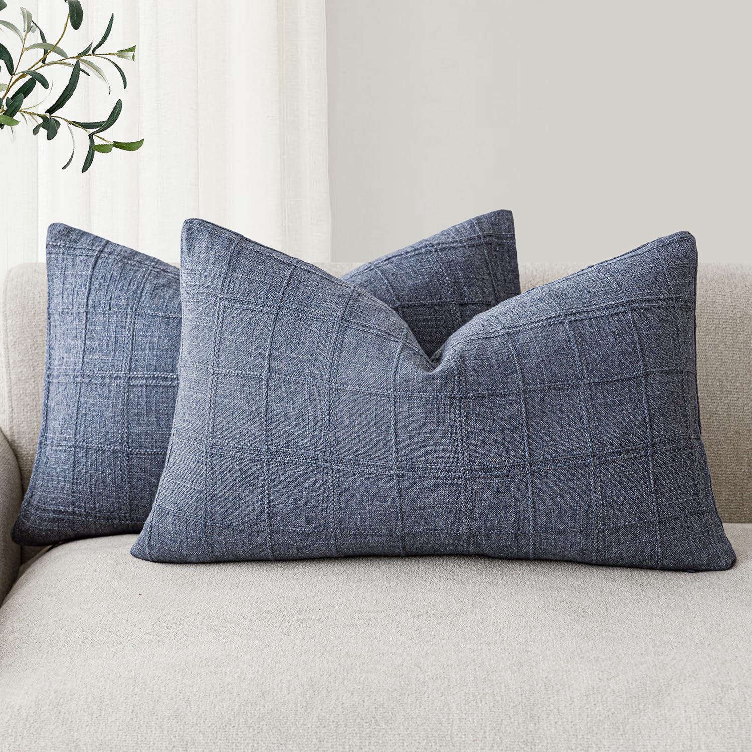Foindtower Set of 2 Decorative Linen Check Throw Pillow Covers Neutral Farmhouse Vintage Cushion Covers Modern Boho Home Decor for Sofa Chair Couch Bedroom Living Room,18×18 Inch,Natural Beige