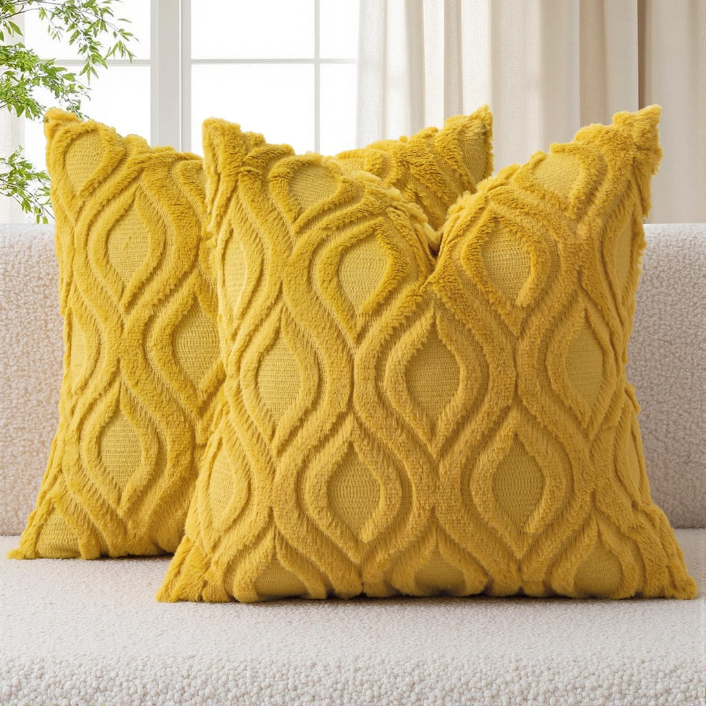 Set of 2 18x18 Inch Mustard Yellow Soft Plush Faux Wool Throw Pillow Covers Farmhouse Boho Decor for Sofa Bed Living Room