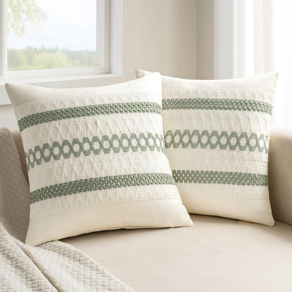 Set of 2 18x18 Inch Sage Green Macrame Woven Boho Farmhouse Pillow Covers Retro Cotton Cushion Cases for Sofa Bed Chair Summer Spring Decor